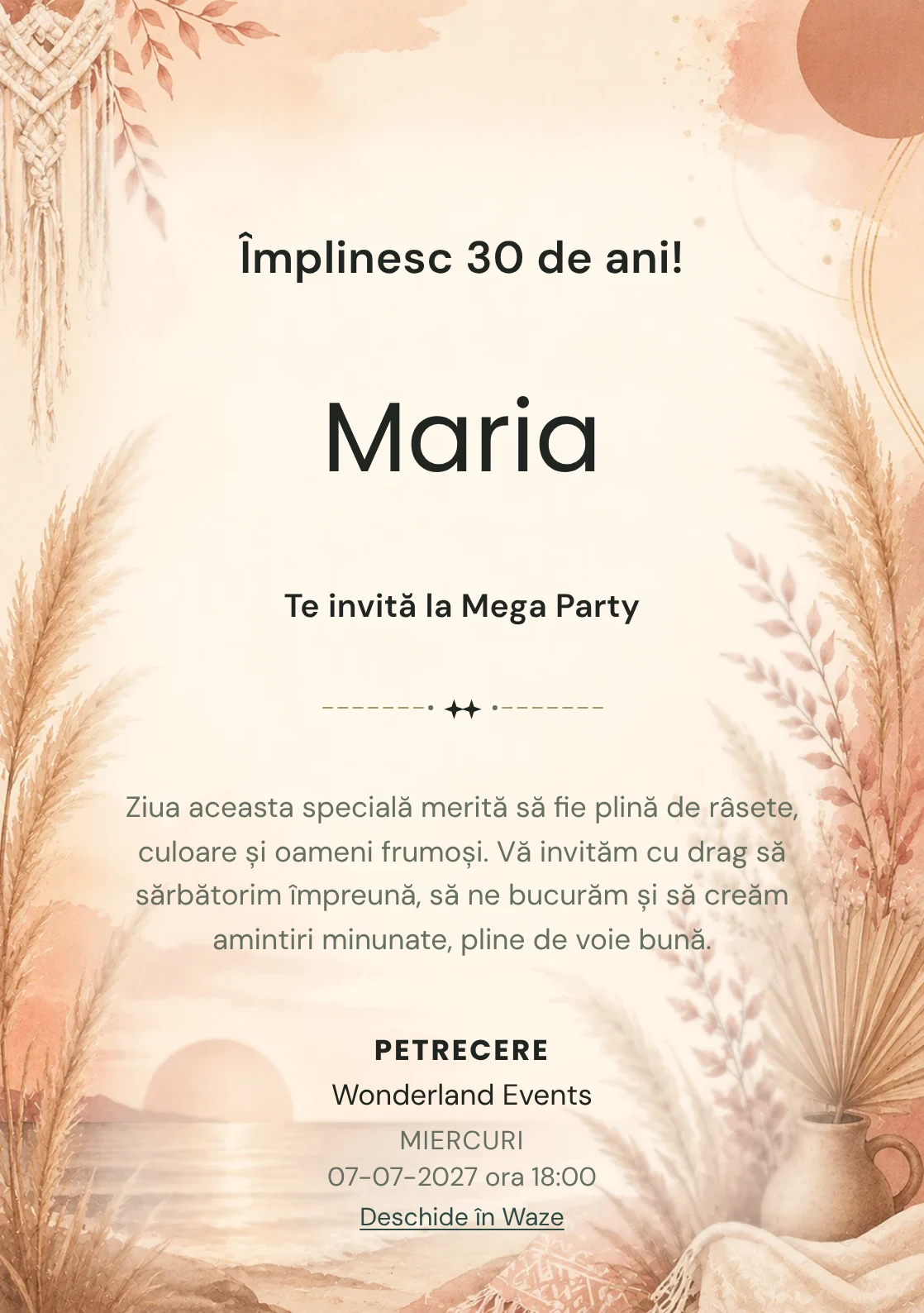 Invitație digitală Boho Sunset pentru ziua de naștere a adulților, cu pampas, apus boho și tonuri teracotă.