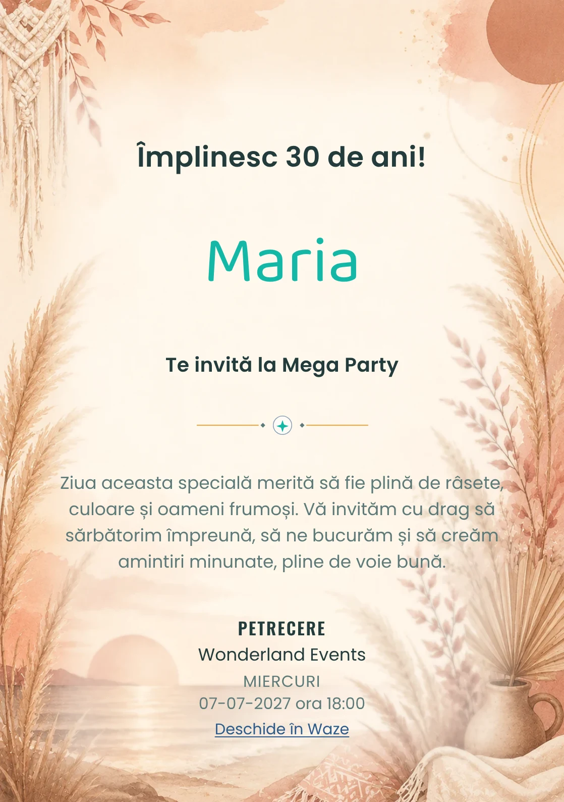 Invitație digitală Boho Sunset pentru ziua de naștere a adulților, cu pampas, apus boho și tonuri teracotă.