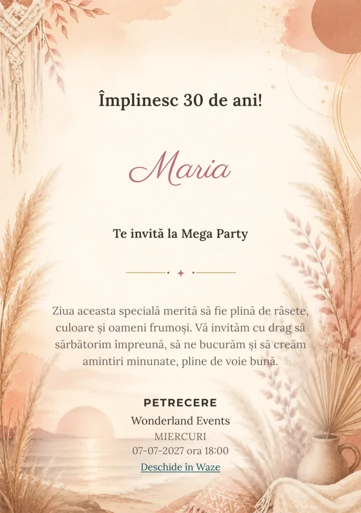Invitație digitală Boho Sunset pentru ziua de naștere a adulților, cu pampas, apus boho și tonuri teracotă.
