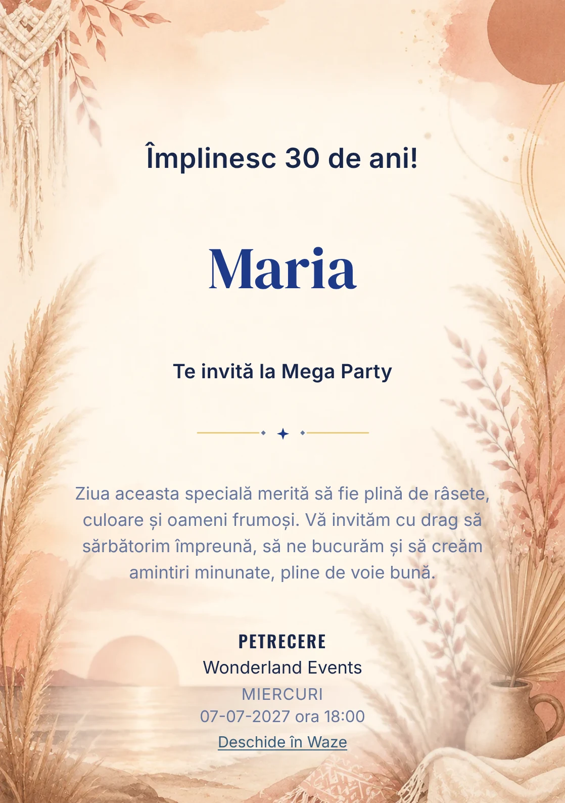 Invitație digitală Boho Sunset pentru ziua de naștere a adulților, cu pampas, apus boho și tonuri teracotă.