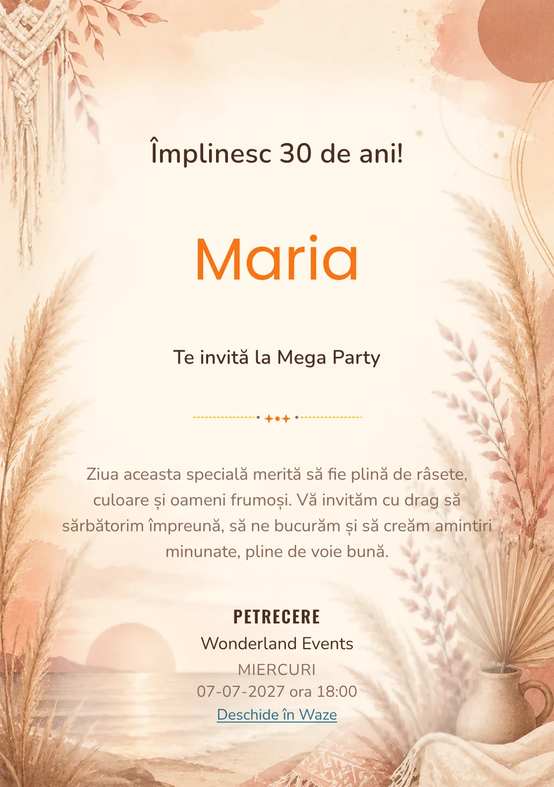 Invitație digitală Boho Sunset pentru ziua de naștere a adulților, cu pampas, apus boho și tonuri teracotă.