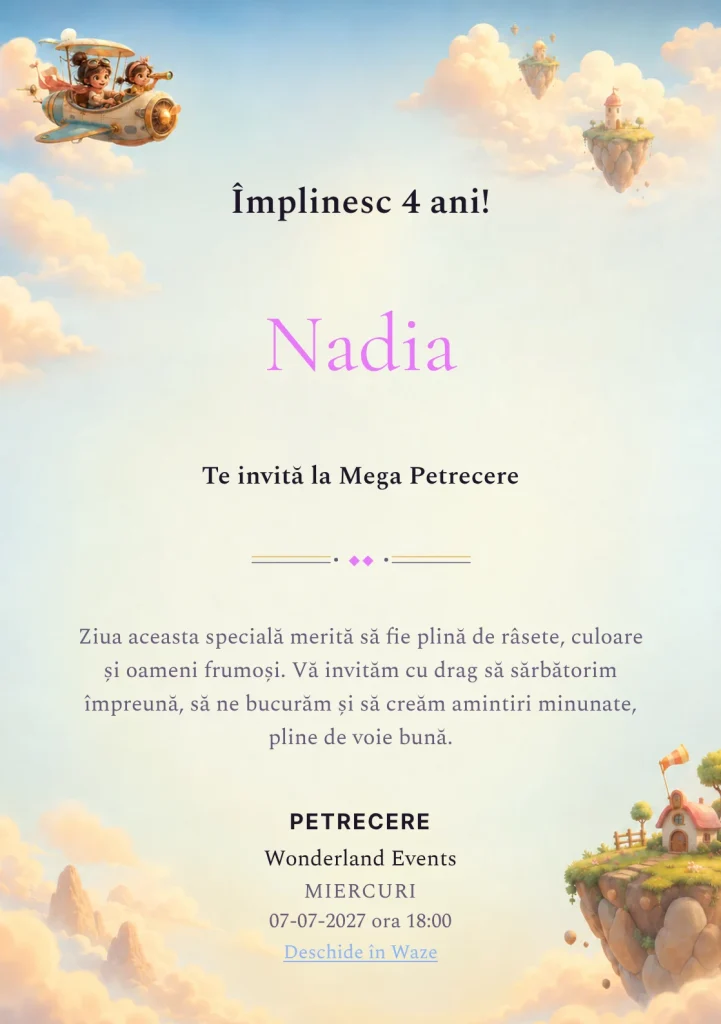 Călătorie prin Nori – invitație aniversară pentru copii, cu doi piloți-copii într-o cabină deschisă, fără uniforme recognoscibile.