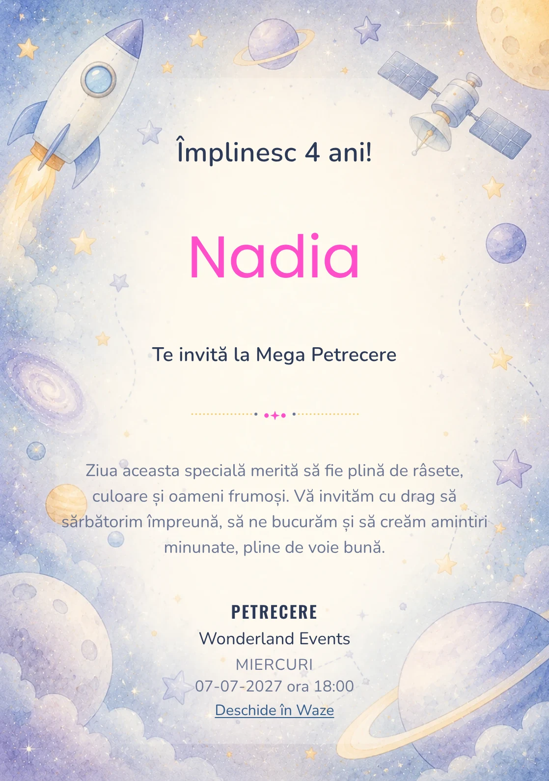 Invitație la ziua de naștere Călătorie Spațială pentru copii, cu o rachetă, sateliți și planete pastel.