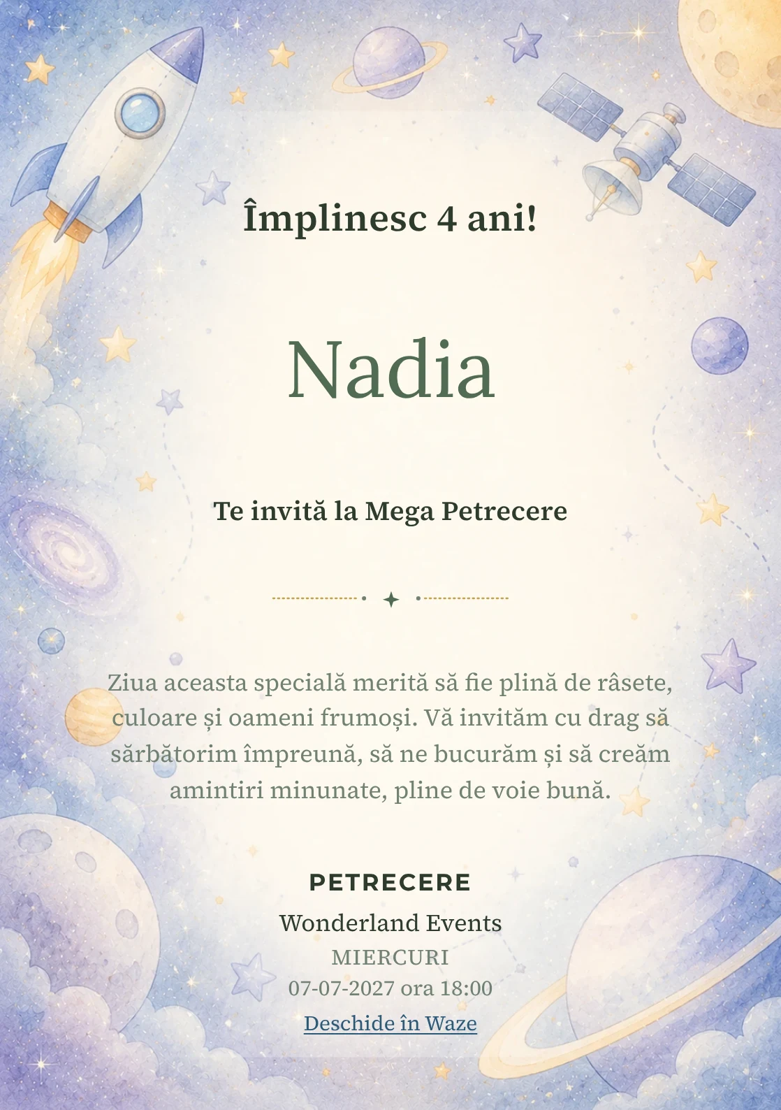 Invitație la ziua de naștere Călătorie Spațială pentru copii, cu o rachetă, sateliți și planete pastel.