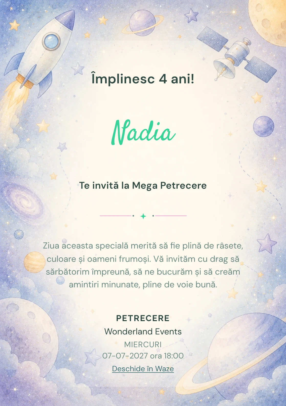 Invitație la ziua de naștere Călătorie Spațială pentru copii, cu o rachetă, sateliți și planete pastel.
