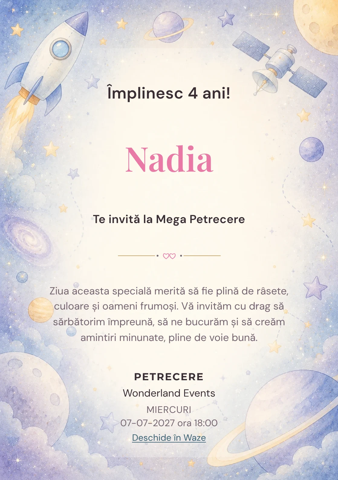 Invitație la ziua de naștere Călătorie Spațială pentru copii, cu o rachetă, sateliți și planete pastel.