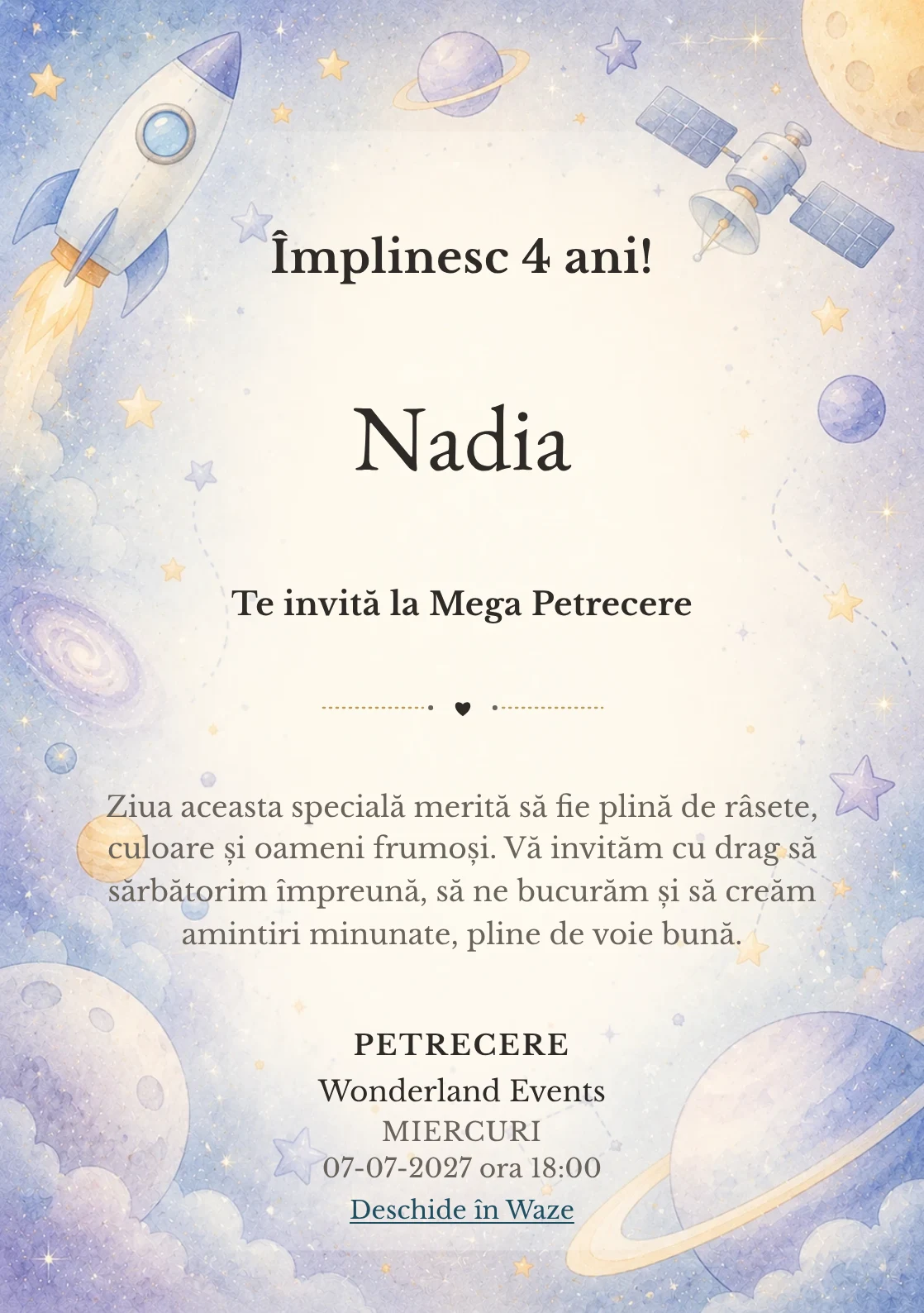 Invitație la ziua de naștere Călătorie Spațială pentru copii, cu o rachetă, sateliți și planete pastel.
