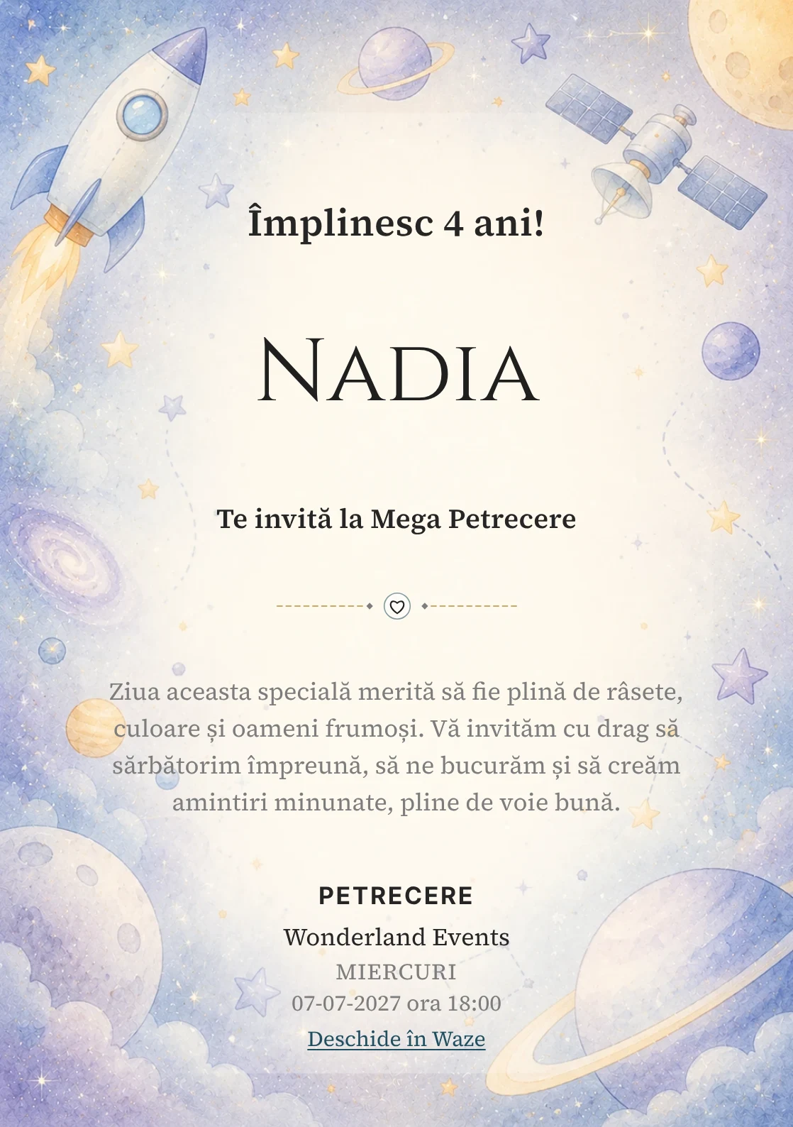 Invitație la ziua de naștere Călătorie Spațială pentru copii, cu o rachetă, sateliți și planete pastel.