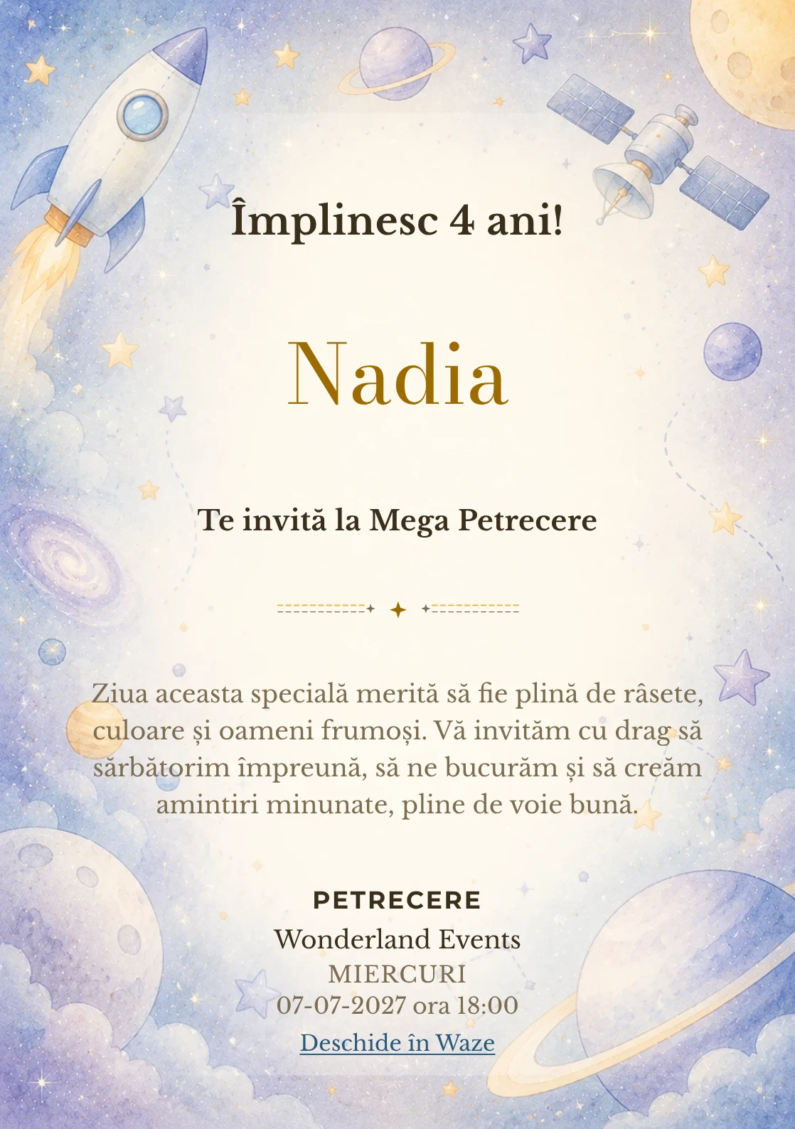 Invitație la ziua de naștere Călătorie Spațială pentru copii, cu o rachetă, sateliți și planete pastel.