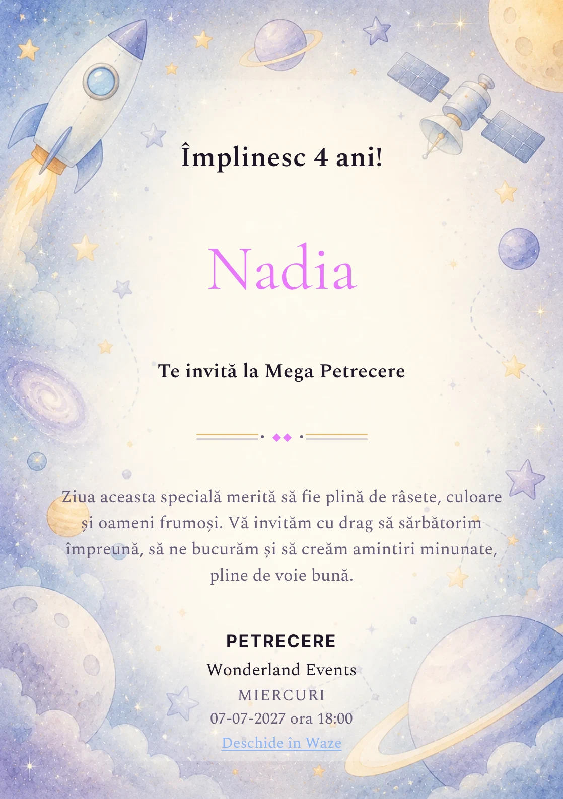 Invitație la ziua de naștere Călătorie Spațială pentru copii, cu o rachetă, sateliți și planete pastel.
