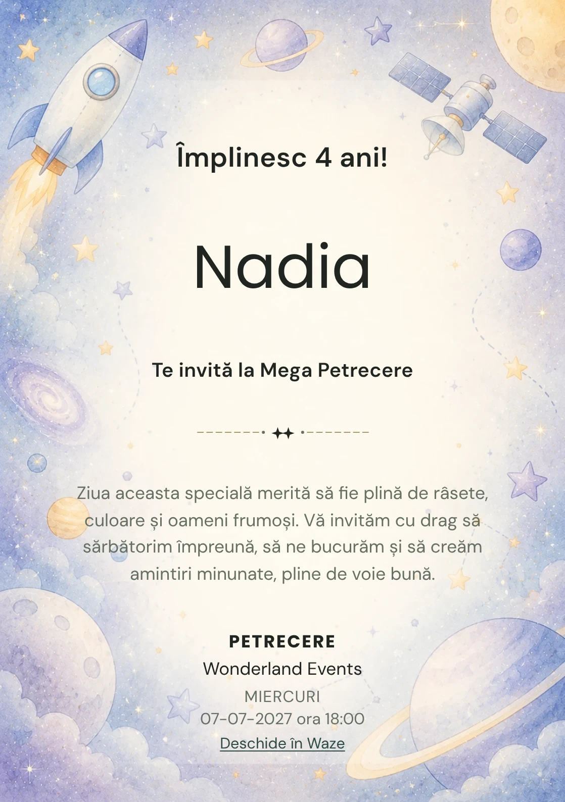 Invitație la ziua de naștere Călătorie Spațială pentru copii, cu o rachetă, sateliți și planete pastel.