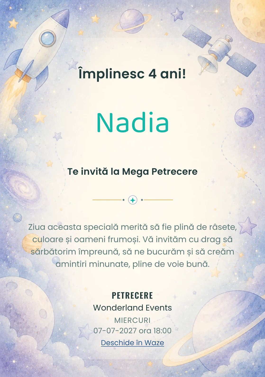 Invitație la ziua de naștere Călătorie Spațială pentru copii, cu o rachetă, sateliți și planete pastel.