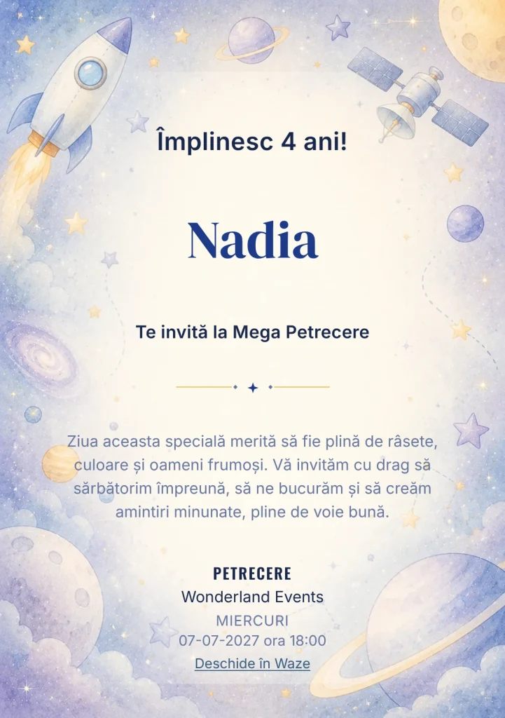 Invitație la ziua de naștere Călătorie Spațială pentru copii, cu o rachetă, sateliți și planete pastel.
