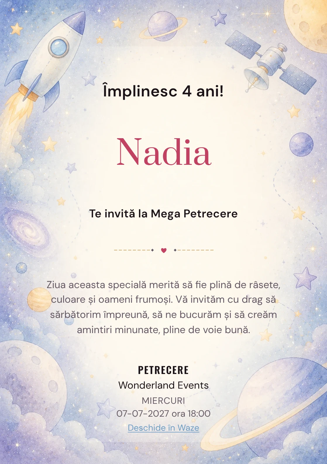 Invitație la ziua de naștere Călătorie Spațială pentru copii, cu o rachetă, sateliți și planete pastel.