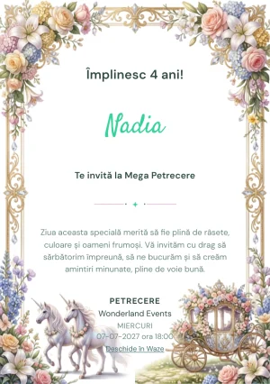 Invitație la zi de naștere Caleașca de Flori – Trăsura Fermecată pentru copii, cu o trăsură florală, unicorni, flori pastel și accente de poveste.