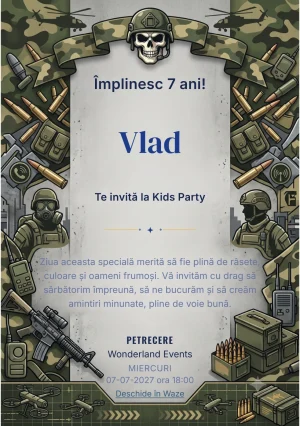 Invitație la ziua de naștere Call of Duty Warzone – Misiunea Tactică pentru copii, cu un cadru militar cu soldați, arme, lăzi, muniție și simboluri tactice.