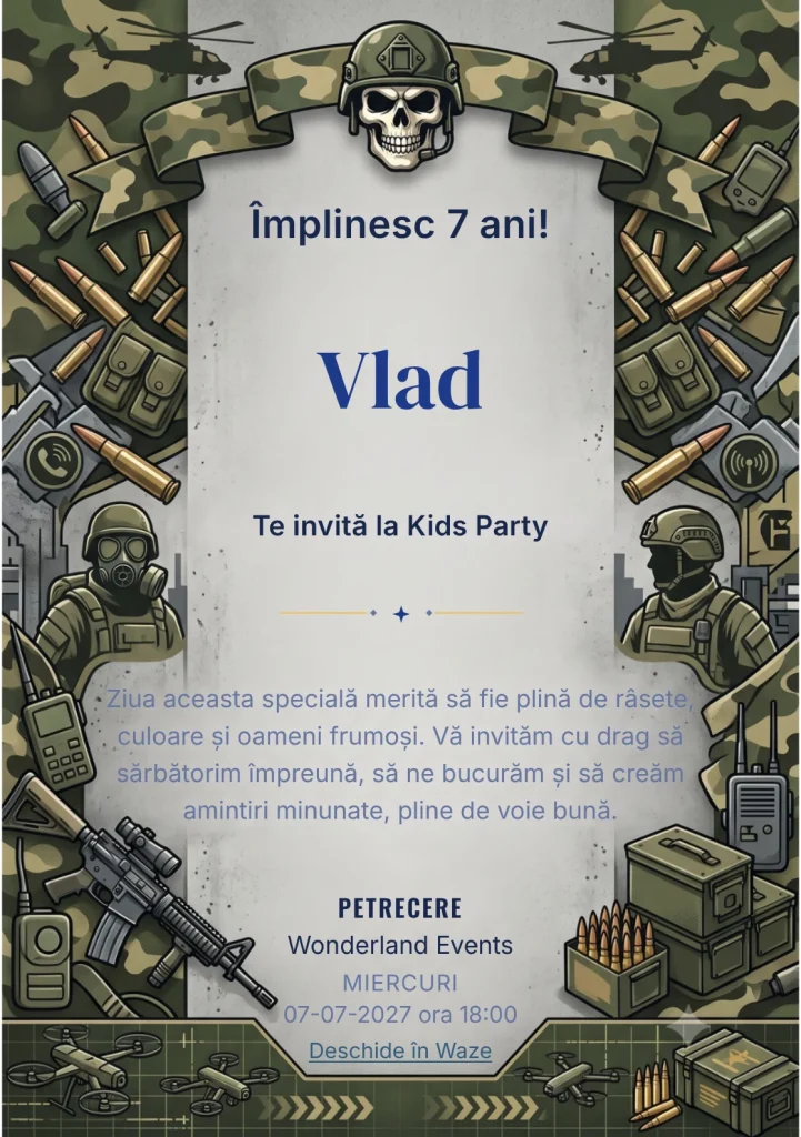Invitație la ziua de naștere Call of Duty Warzone – Misiunea Tactică pentru copii, cu un cadru militar cu soldați, arme, lăzi, muniție și simboluri tactice.