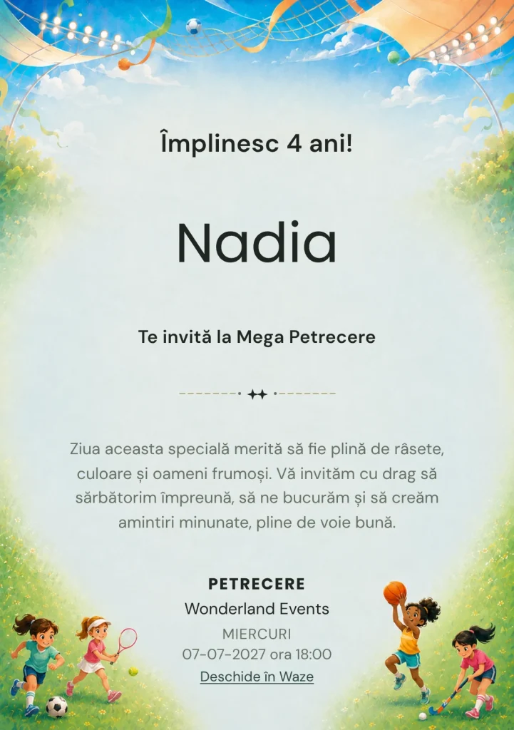 Invitație la ziua de naștere Campionii Veseli pentru copii, cu o echipă mixtă de copii cu echipament.
