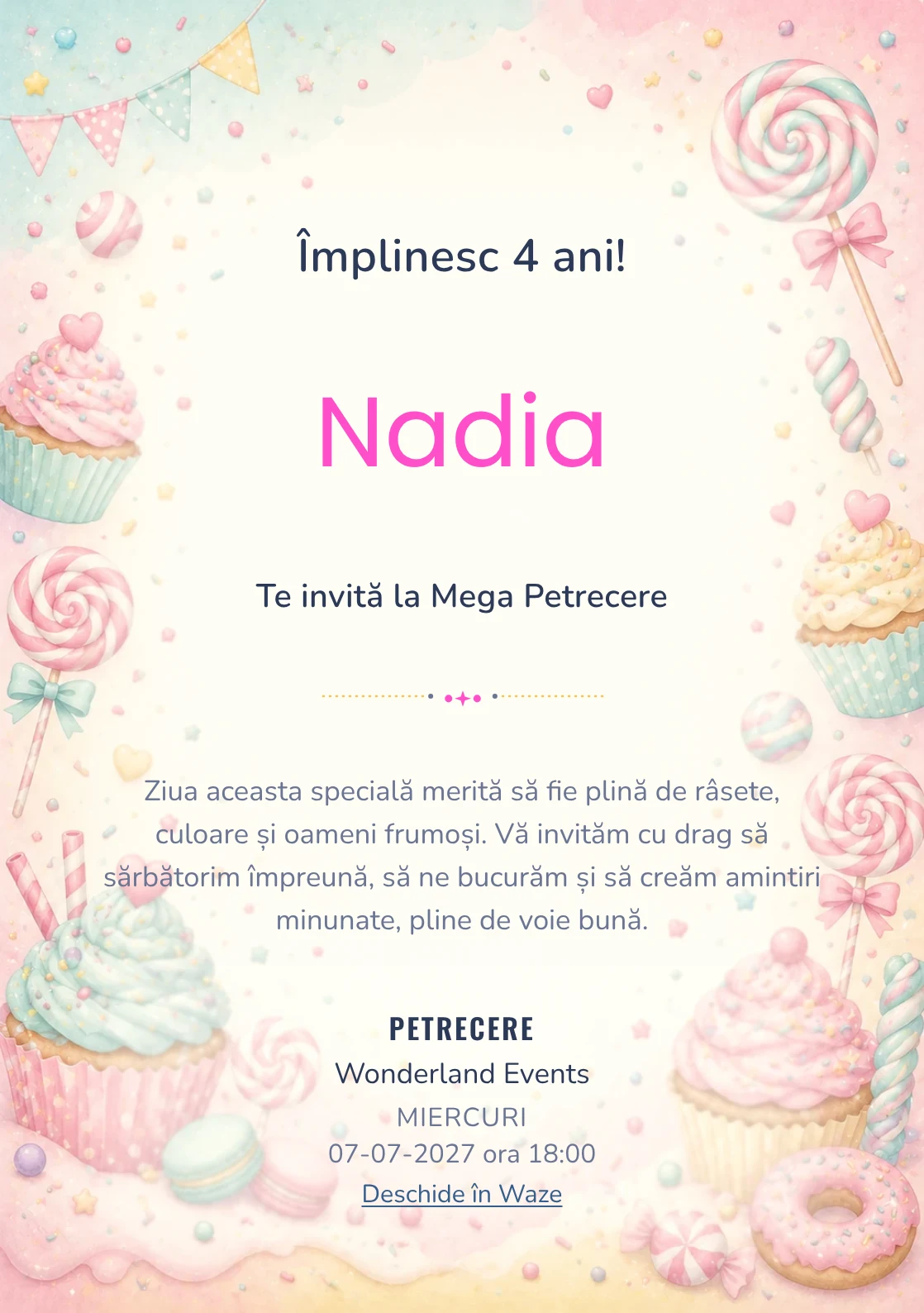 Invitație la ziua de naștere Candy Land pentru copii, cu acadele, cupcakes, confetti și tonuri dulci.