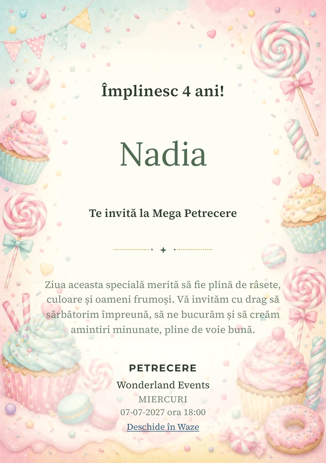 Invitație la ziua de naștere Candy Land pentru copii, cu acadele, cupcakes, confetti și tonuri dulci.