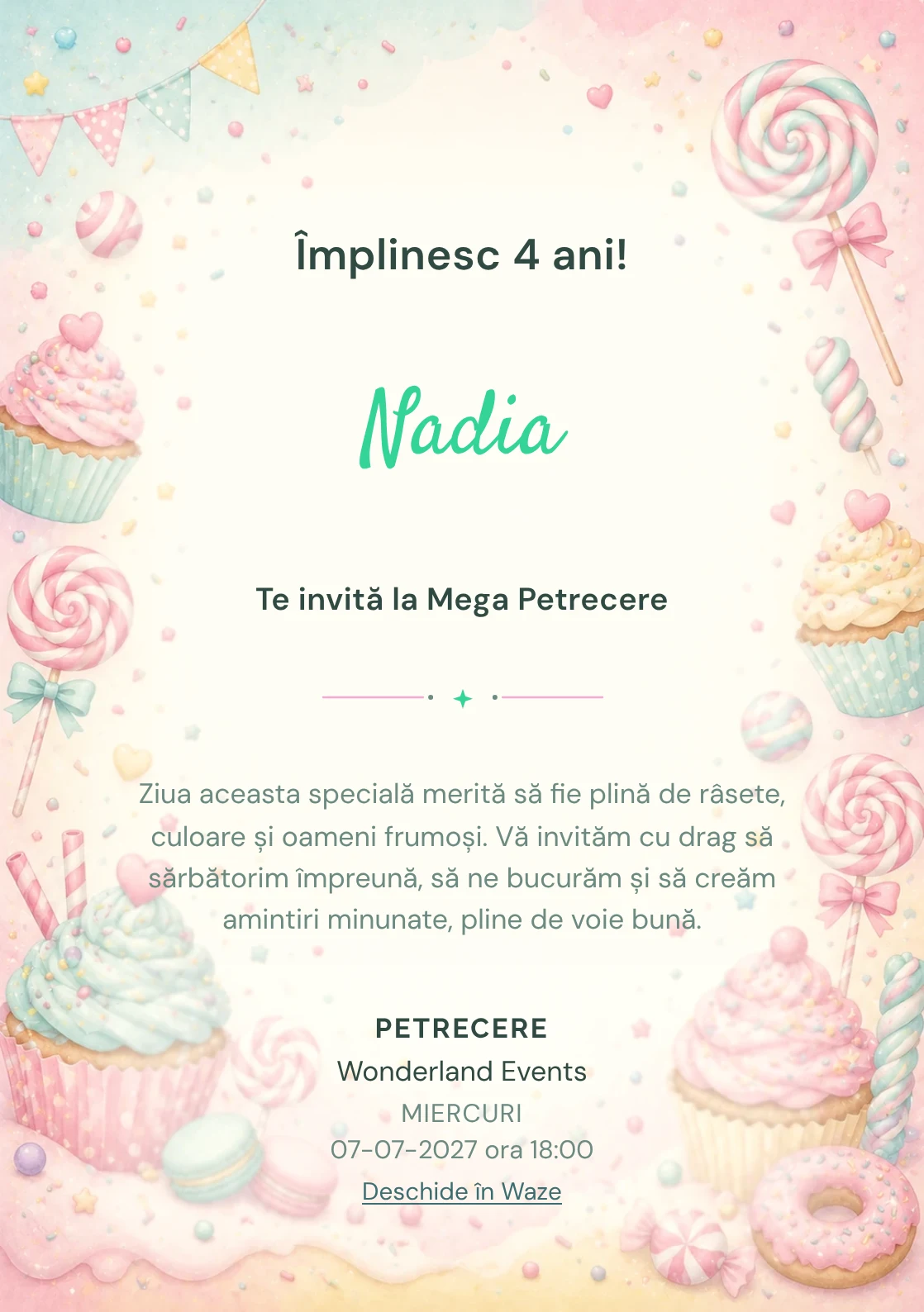 Invitație la ziua de naștere Candy Land pentru copii, cu acadele, cupcakes, confetti și tonuri dulci.