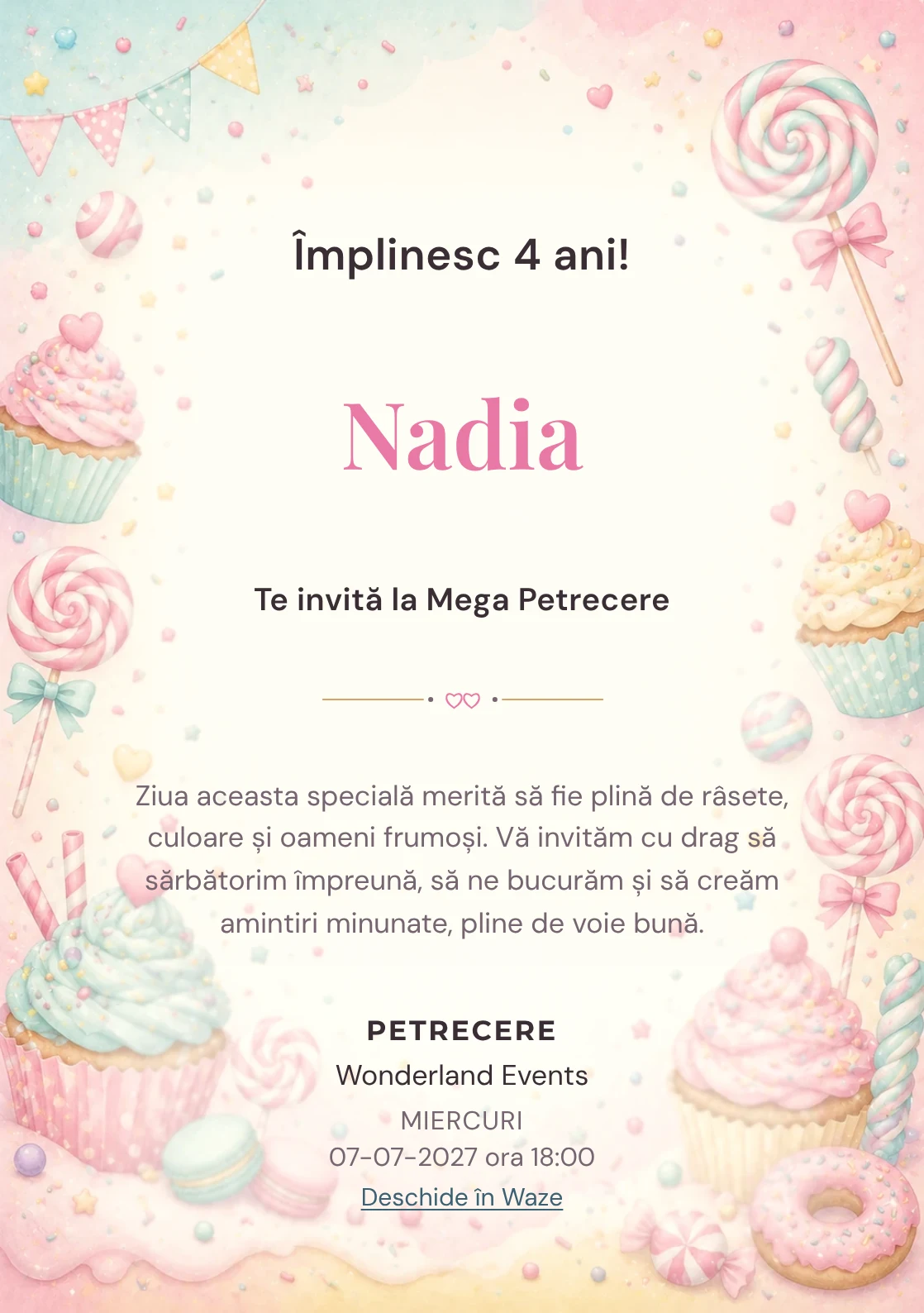 Invitație la ziua de naștere Candy Land pentru copii, cu acadele, cupcakes, confetti și tonuri dulci.