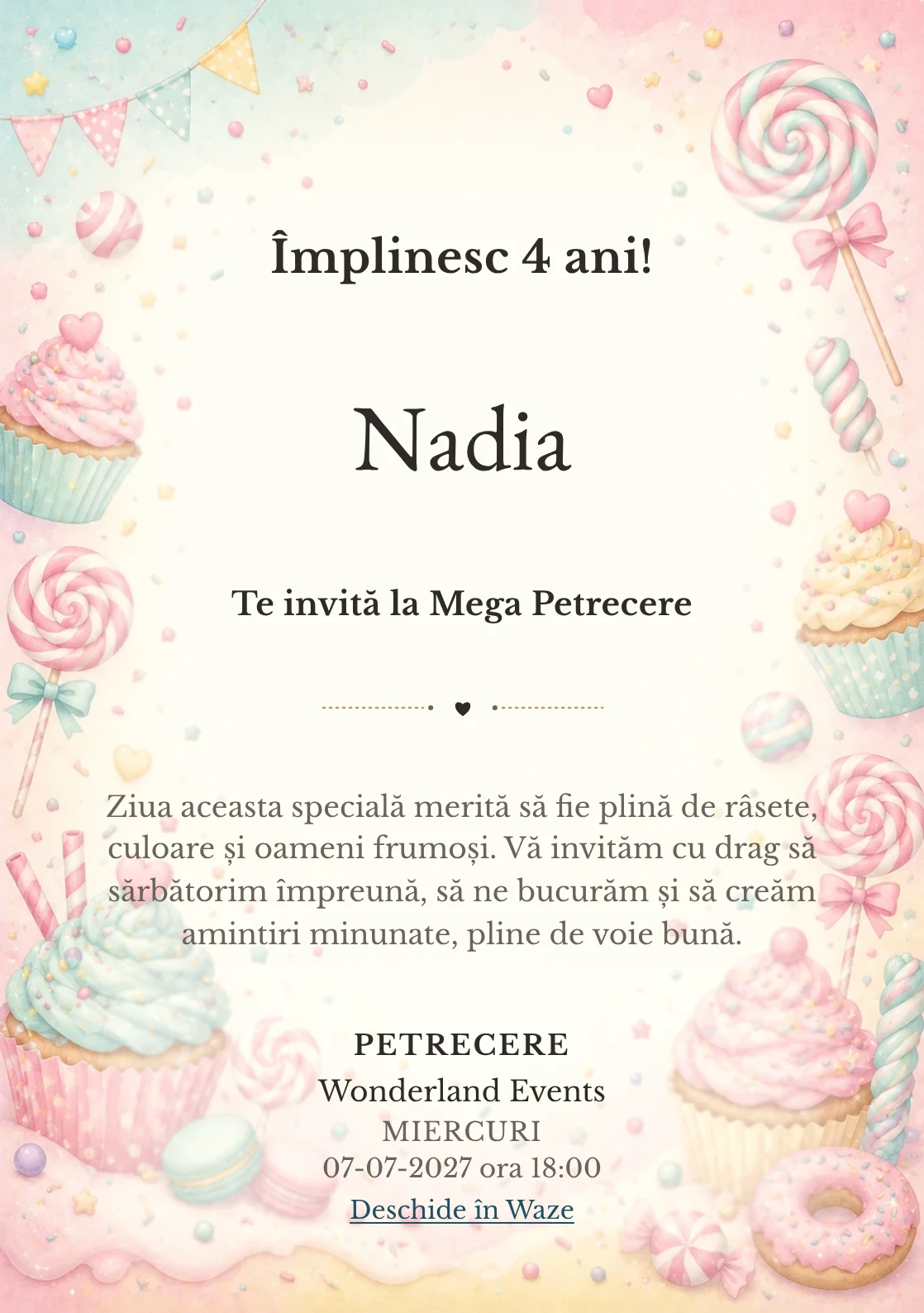 Invitație la ziua de naștere Candy Land pentru copii, cu acadele, cupcakes, confetti și tonuri dulci.