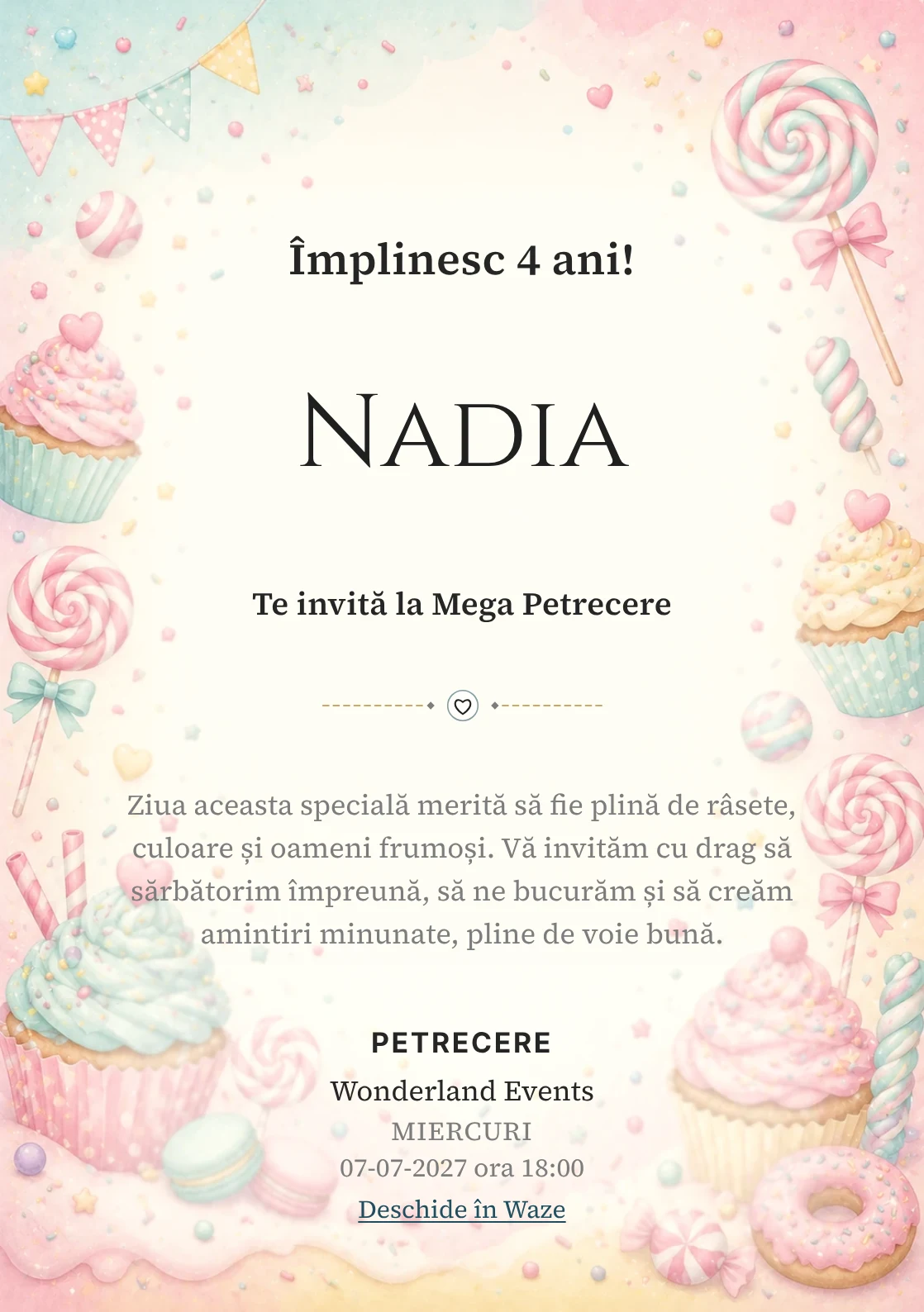 Invitație la ziua de naștere Candy Land pentru copii, cu acadele, cupcakes, confetti și tonuri dulci.