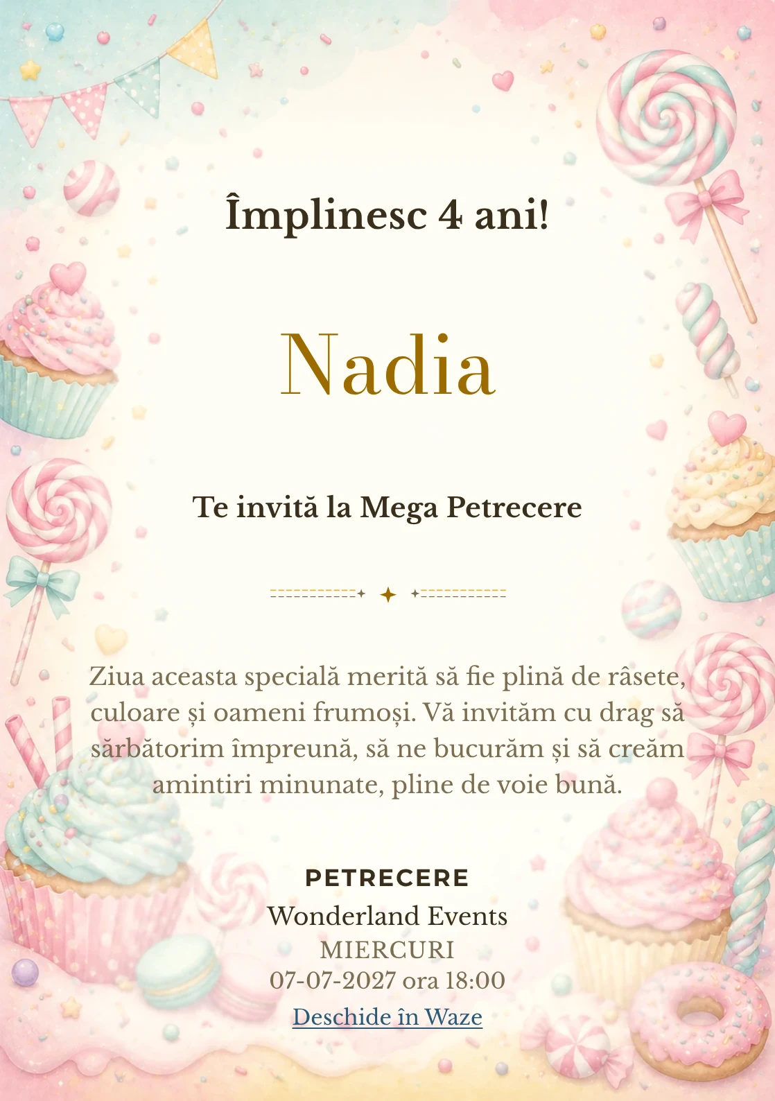 Invitație la ziua de naștere Candy Land pentru copii, cu acadele, cupcakes, confetti și tonuri dulci.