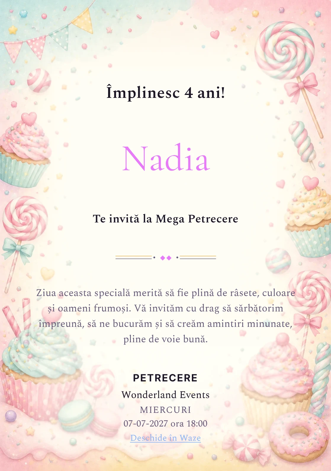 Invitație la ziua de naștere Candy Land pentru copii, cu acadele, cupcakes, confetti și tonuri dulci.