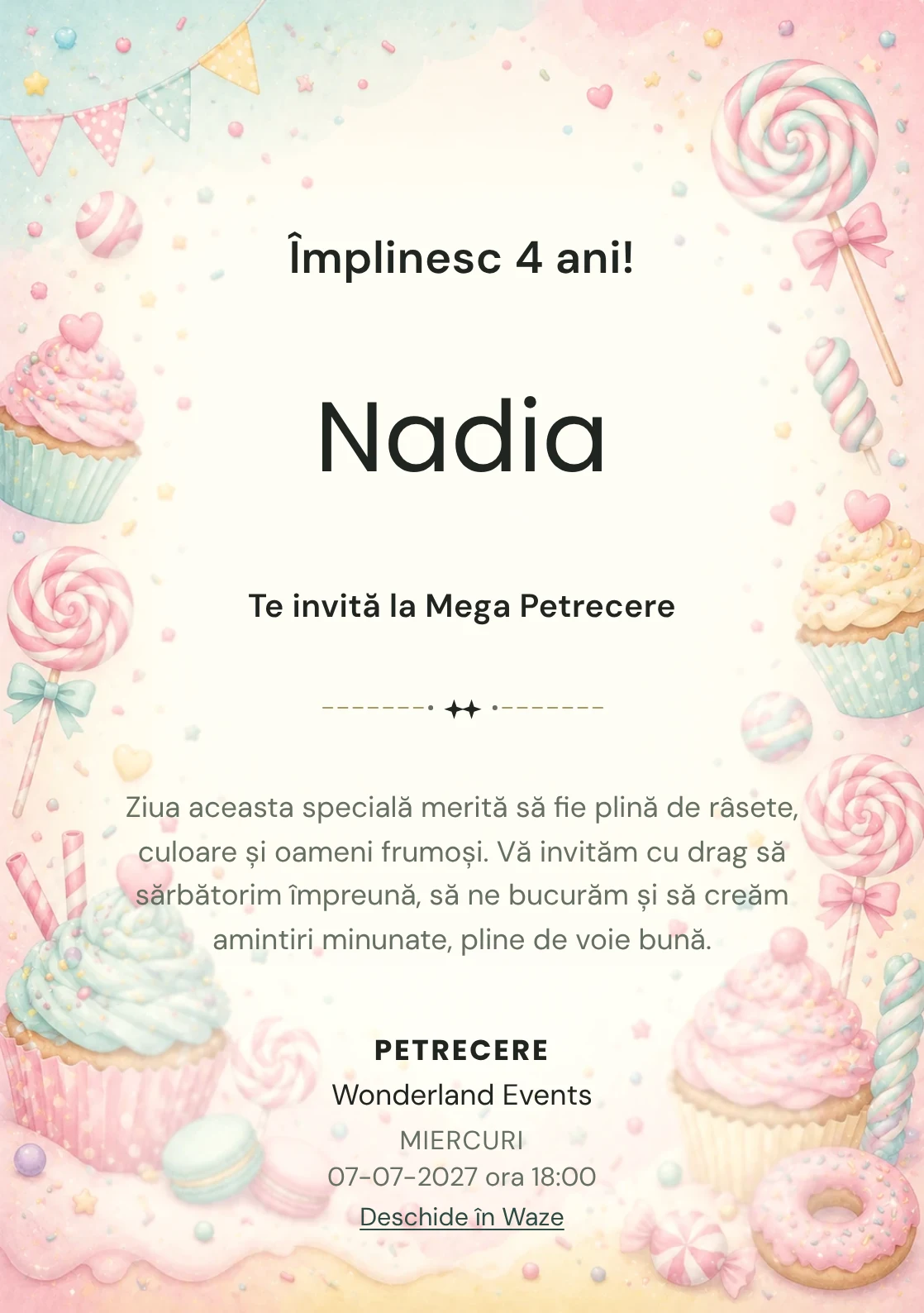 Invitație la ziua de naștere Candy Land pentru copii, cu acadele, cupcakes, confetti și tonuri dulci.