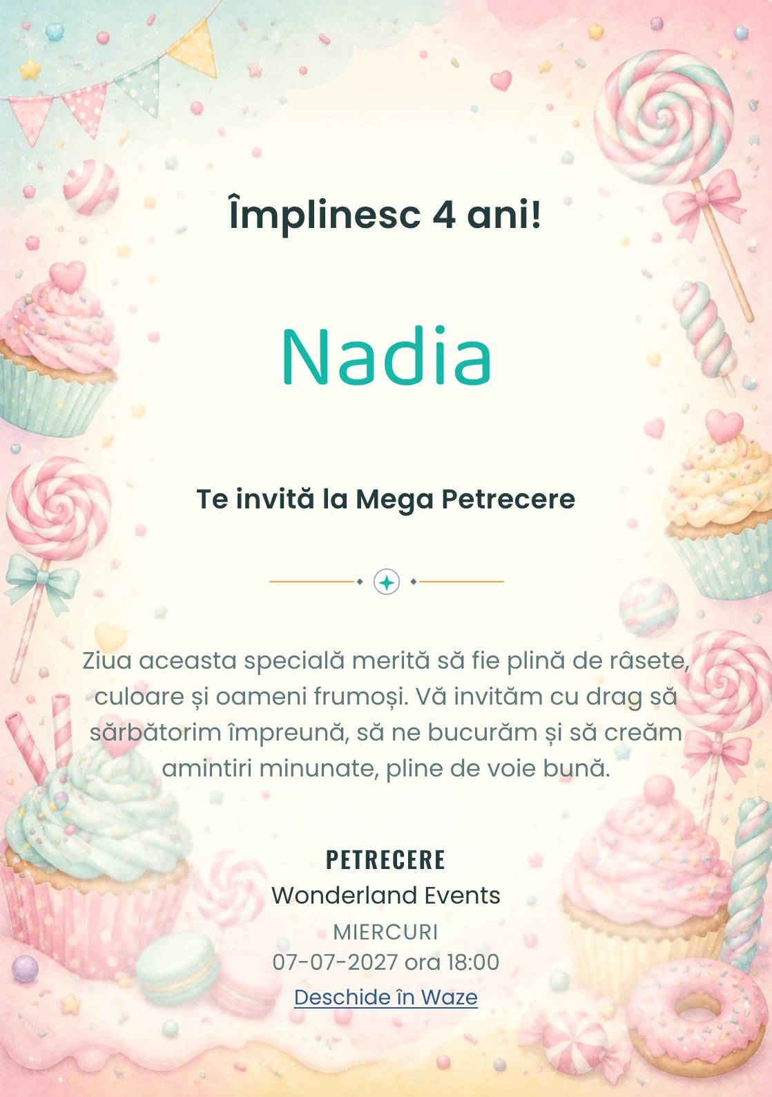 Invitație la ziua de naștere Candy Land pentru copii, cu acadele, cupcakes, confetti și tonuri dulci.
