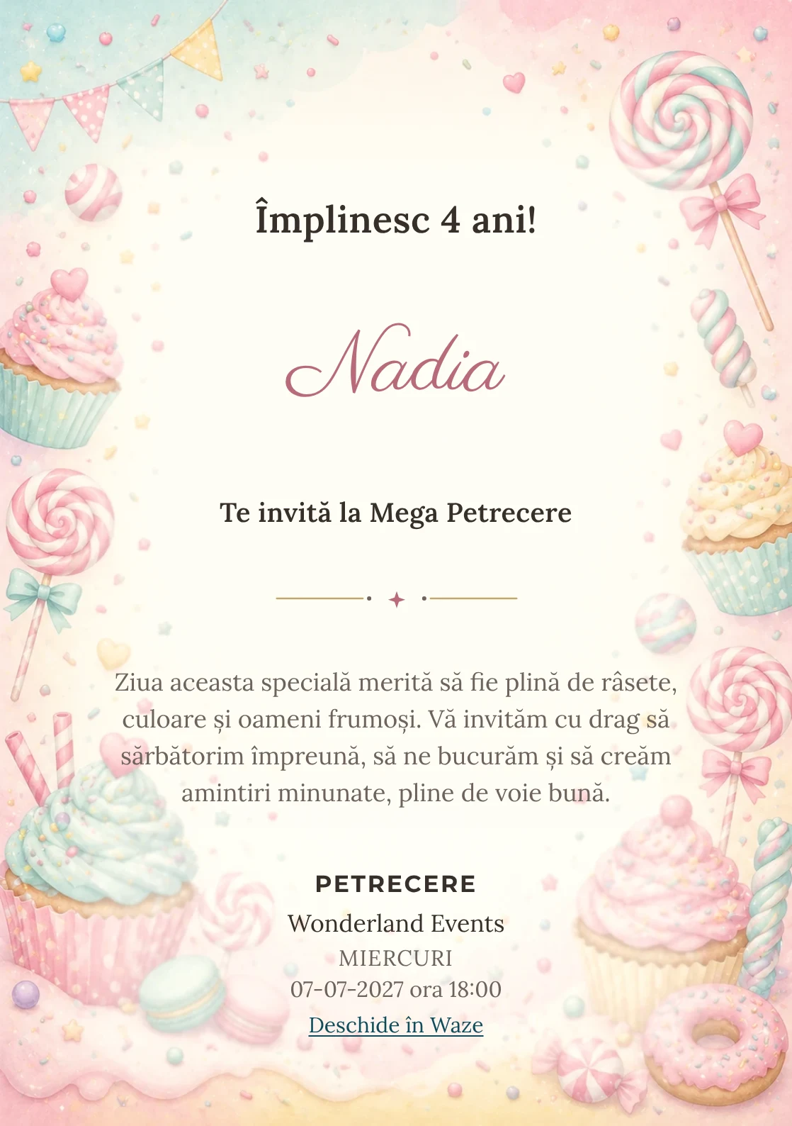 Invitație la ziua de naștere Candy Land pentru copii, cu acadele, cupcakes, confetti și tonuri dulci.