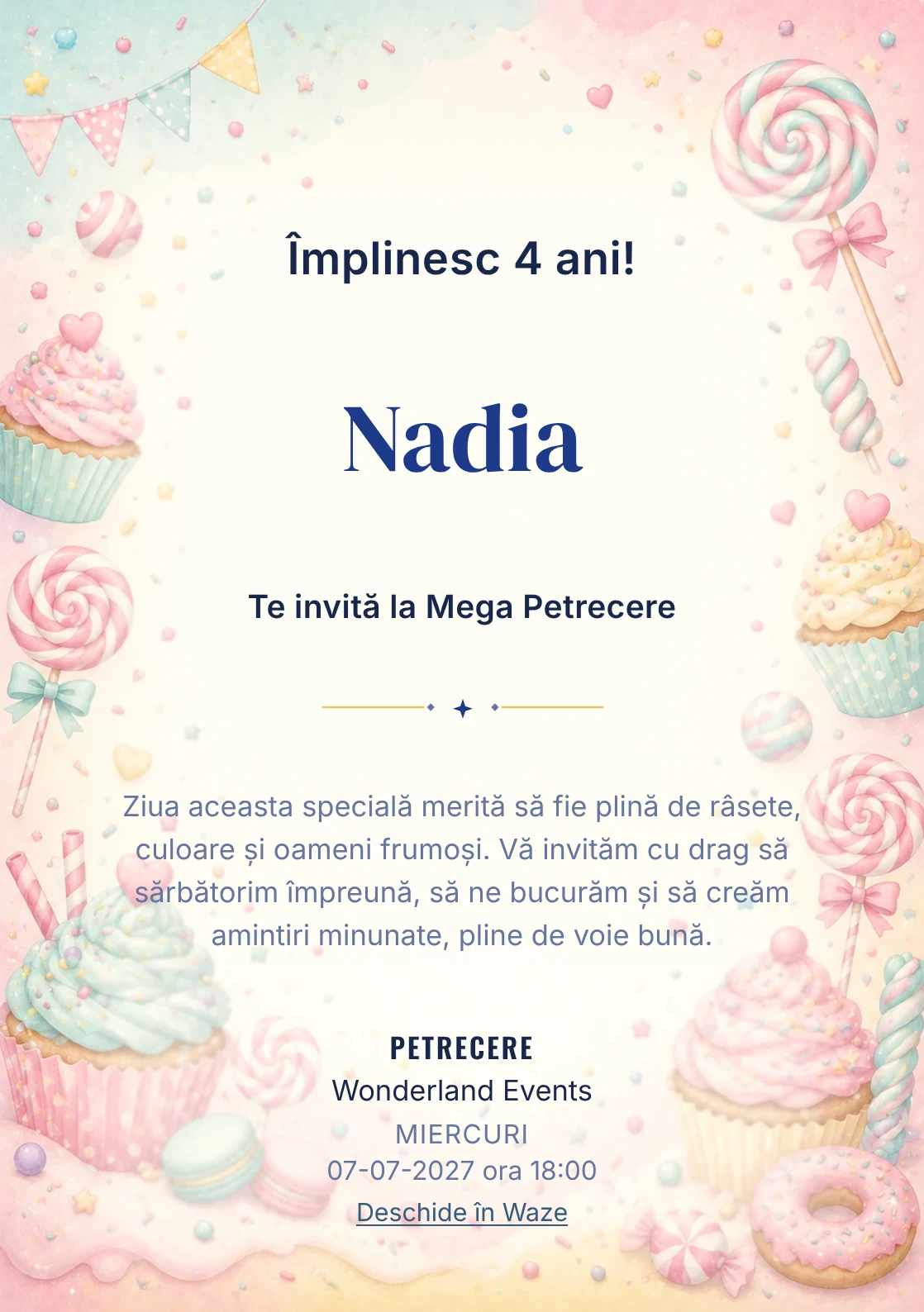 Invitație la ziua de naștere Candy Land pentru copii, cu acadele, cupcakes, confetti și tonuri dulci.
