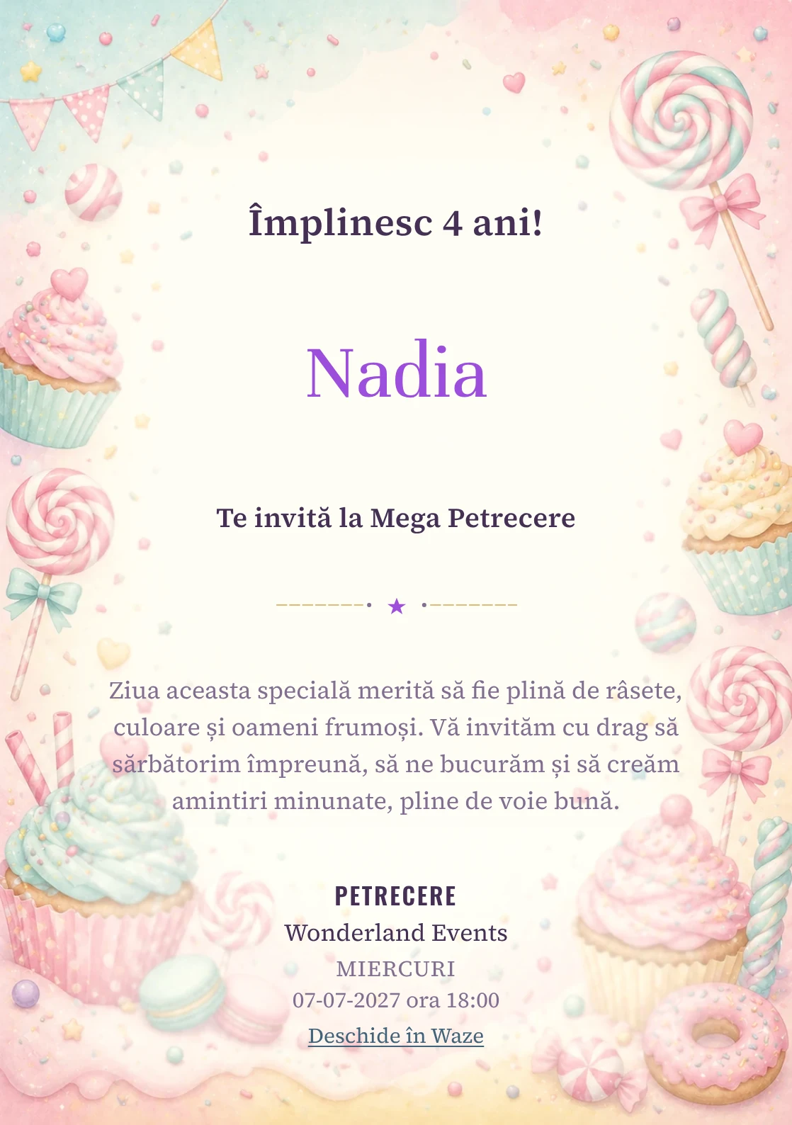 Invitație la ziua de naștere Candy Land pentru copii, cu acadele, cupcakes, confetti și tonuri dulci.