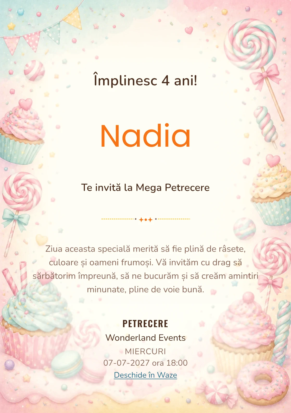 Invitație la ziua de naștere Candy Land pentru copii, cu acadele, cupcakes, confetti și tonuri dulci.