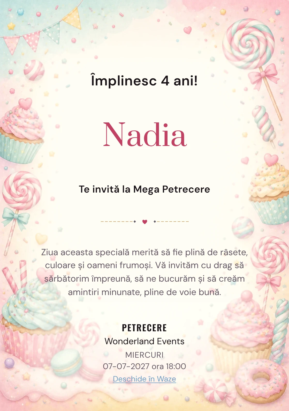 Invitație la ziua de naștere Candy Land pentru copii, cu acadele, cupcakes, confetti și tonuri dulci.