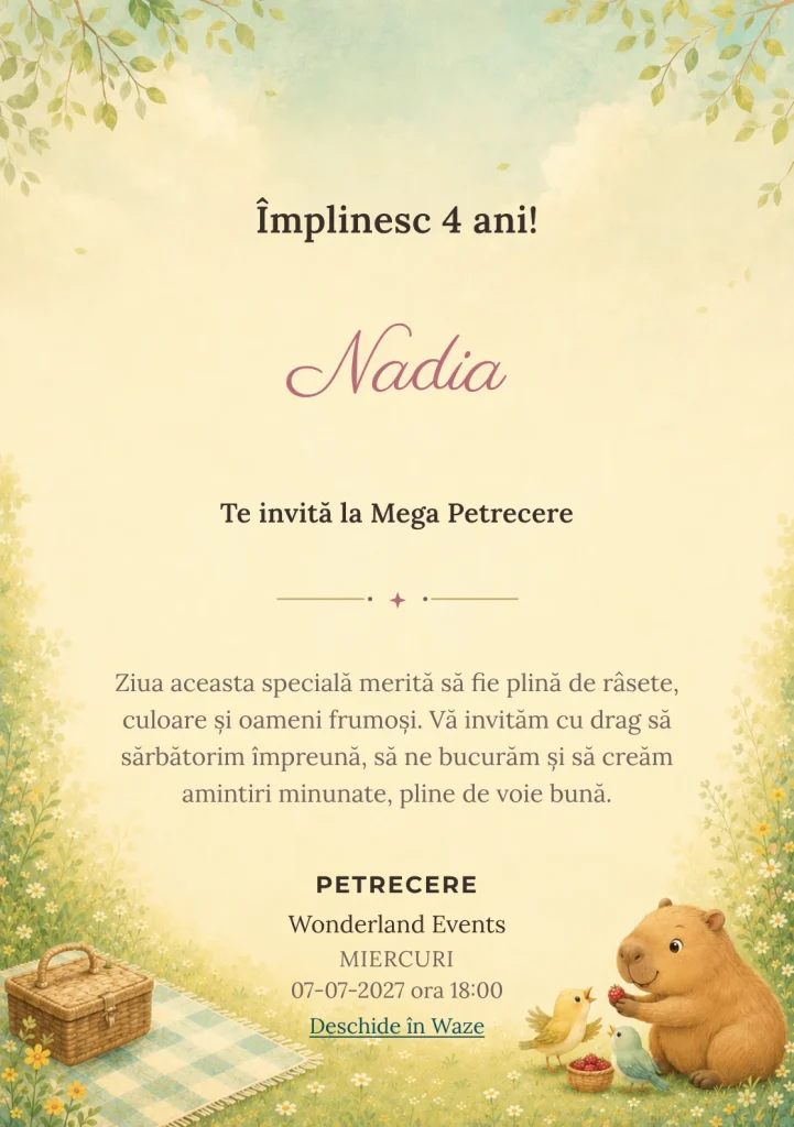 Capibara la Picnic – invitație aniversară pentru copii, cu o capibara simpatică și două păsări mici.