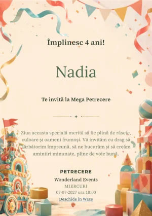 Invitație digitală Carnavalul Panglicilor pentru ziua de naștere a copiilor, cu un car alegoric geometric fără personaje recognoscibile.