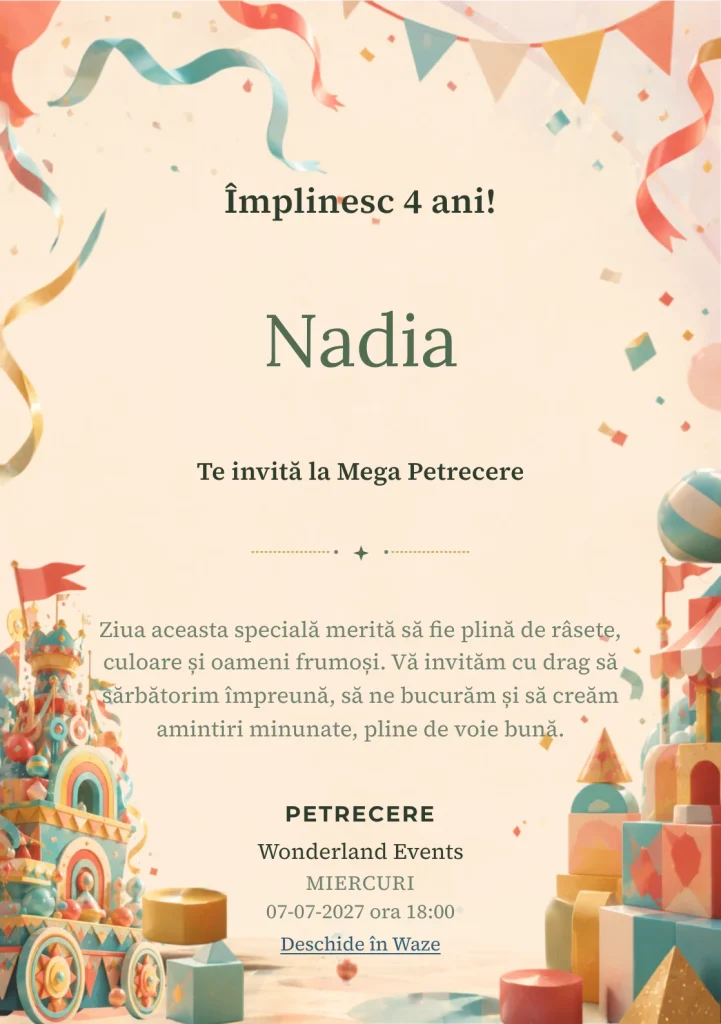 Invitație digitală Carnavalul Panglicilor pentru ziua de naștere a copiilor, cu un car alegoric geometric fără personaje recognoscibile.