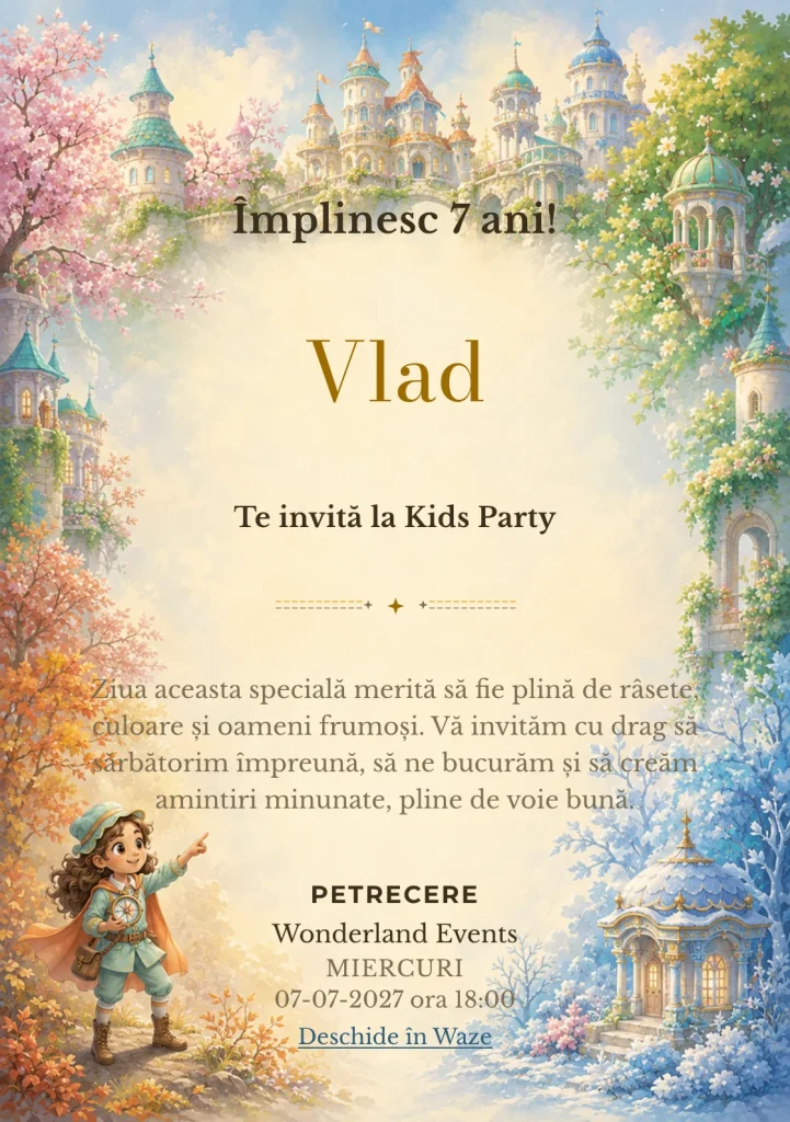 Castelul Anotimpurilor, invitație de zi de naștere pentru copii, cu o tânără exploratoare cu mantie simplă, fără coroană.