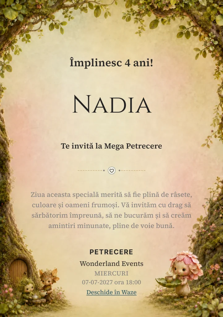 Ceainăria Spiridușilor – invitație aniversară pentru copii, cu trei spiriduși cu forme vegetale, fără trăsături consacrate.
