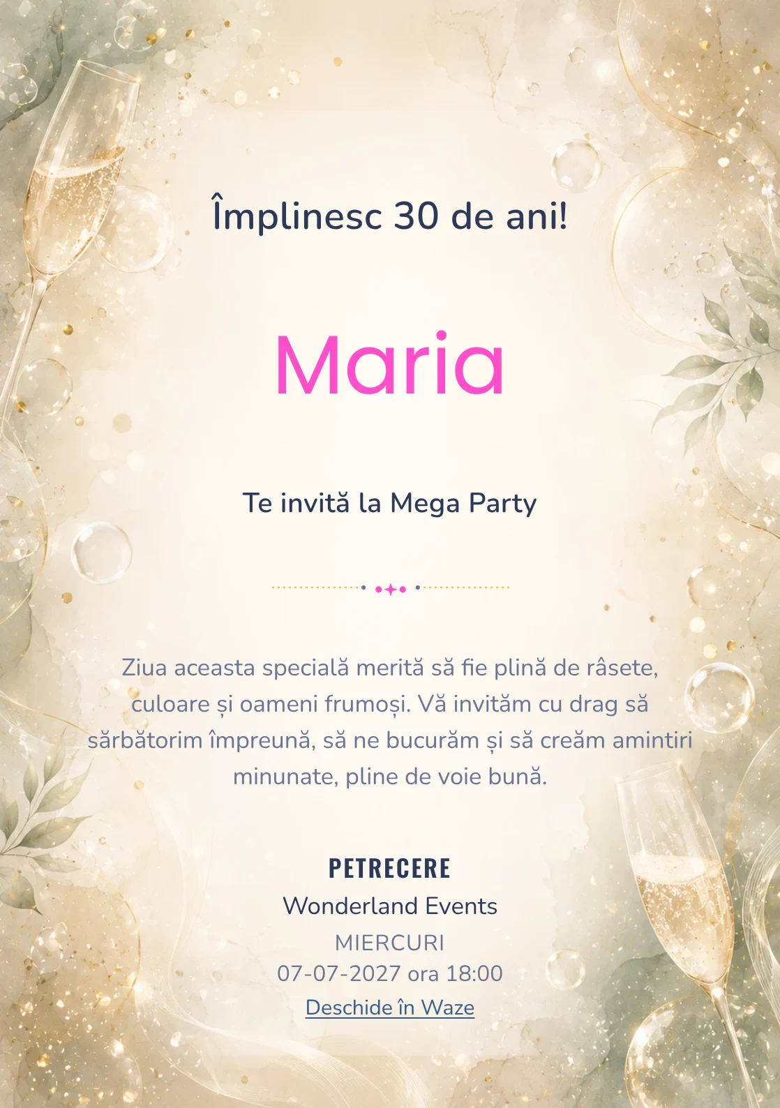 Modelul Champagne Mood, invitație de zi de naștere pentru adulți, prezintă bule fine, strălucire rafinat și verde salvie pal.