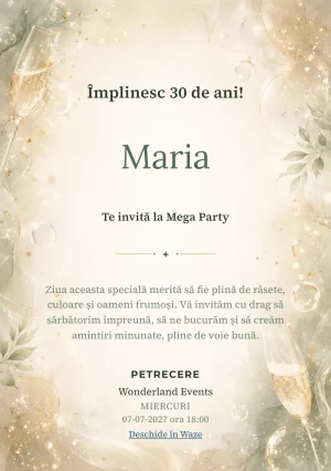 Modelul Champagne Mood, invitație de zi de naștere pentru adulți, prezintă bule fine, strălucire rafinat și verde salvie pal.