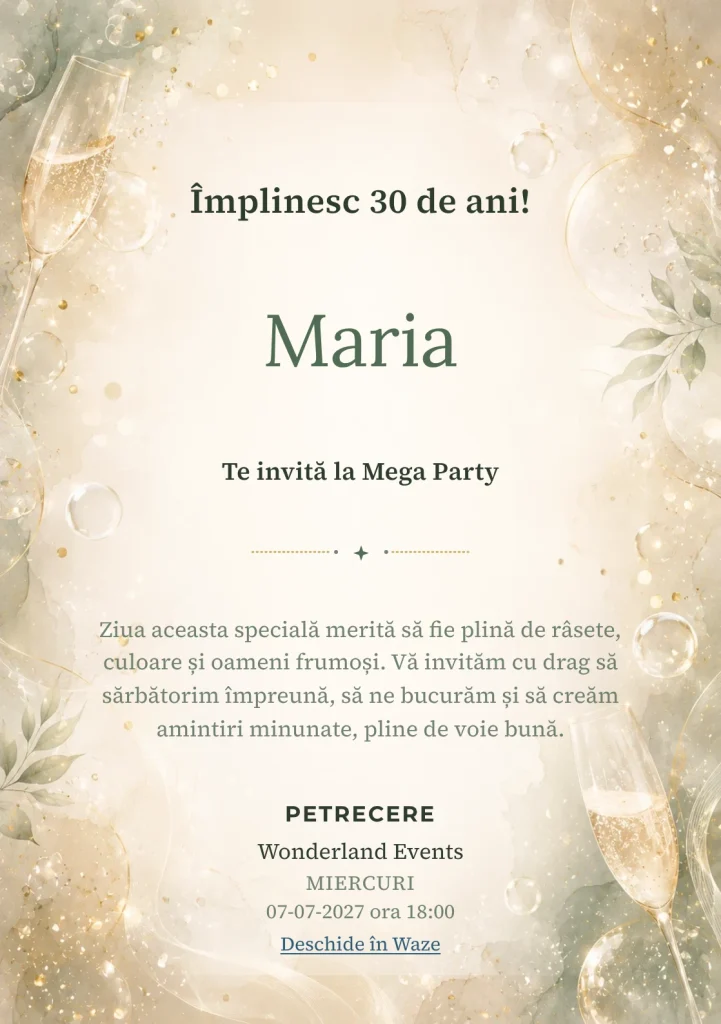 Modelul Champagne Mood, invitație de zi de naștere pentru adulți, prezintă bule fine, strălucire rafinat și verde salvie pal.