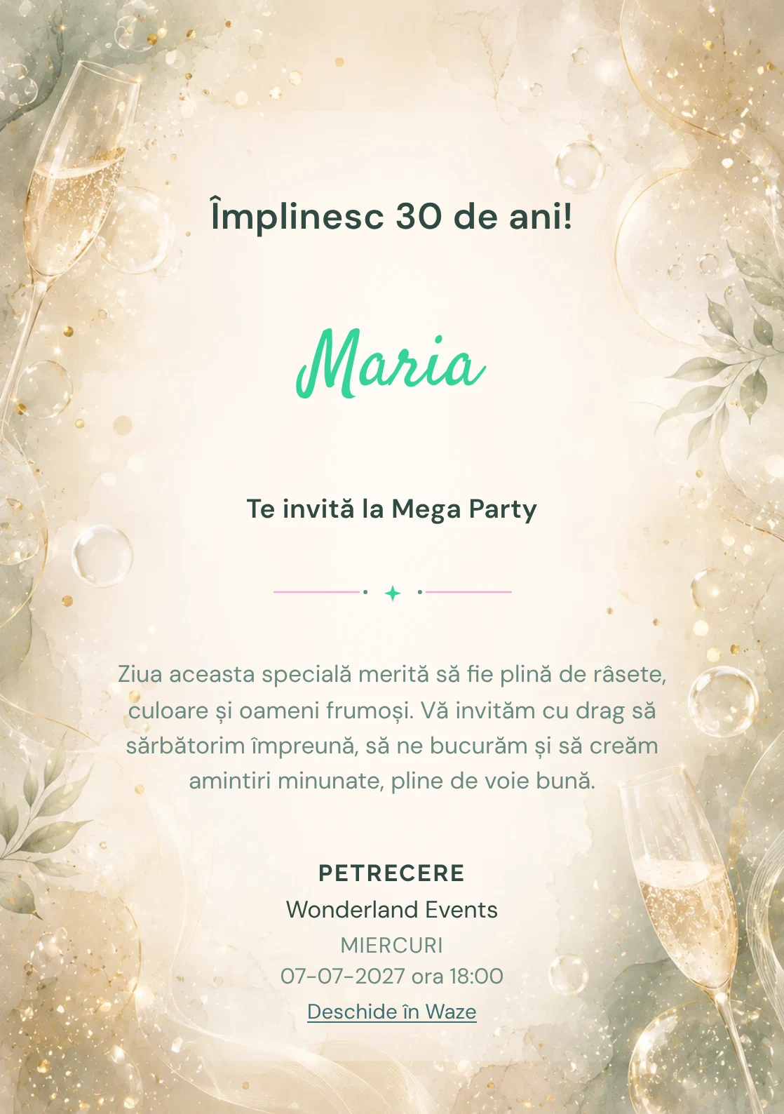 Modelul Champagne Mood, invitație de zi de naștere pentru adulți, prezintă bule fine, strălucire rafinat și verde salvie pal.