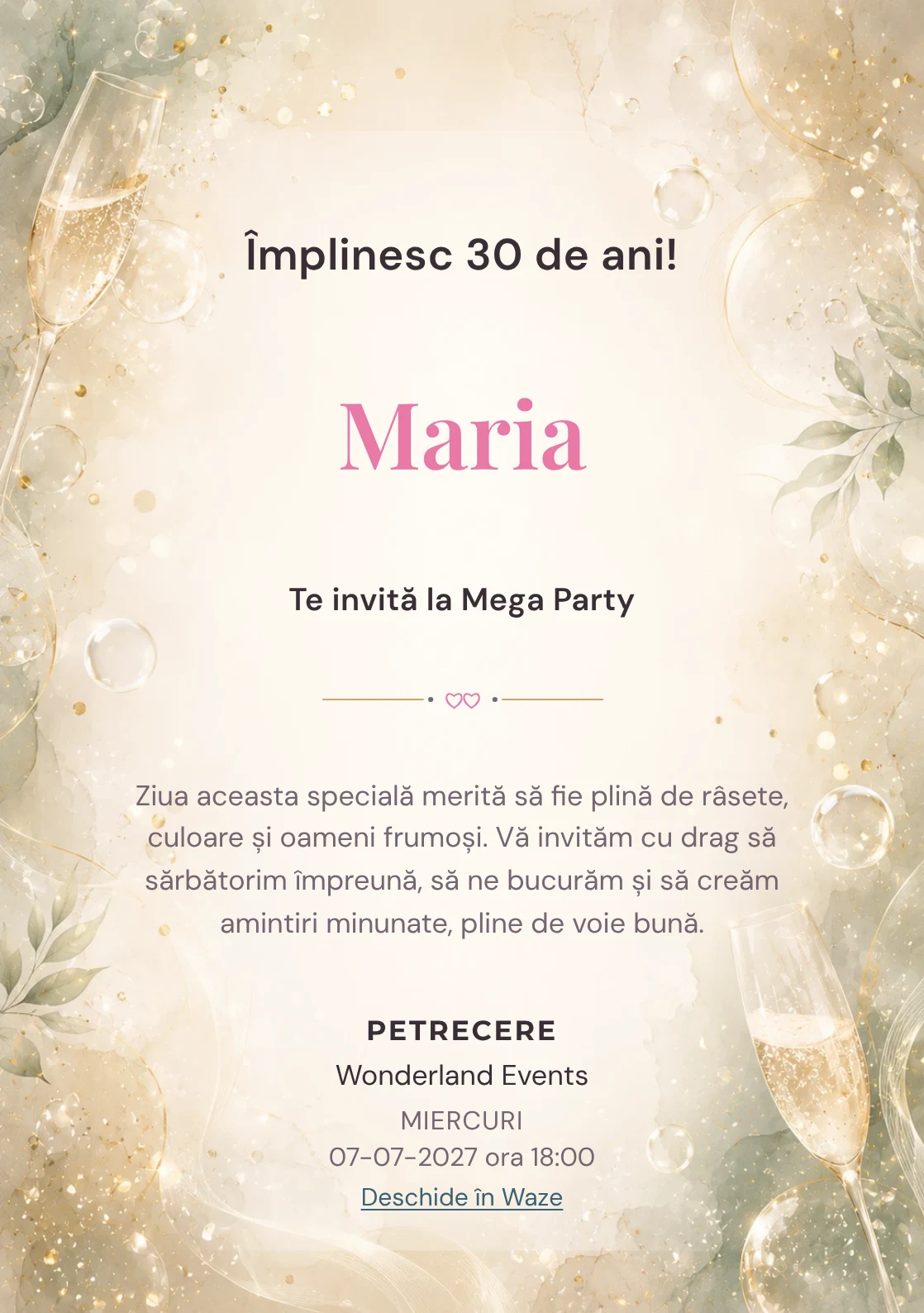 Modelul Champagne Mood, invitație de zi de naștere pentru adulți, prezintă bule fine, strălucire rafinat și verde salvie pal.