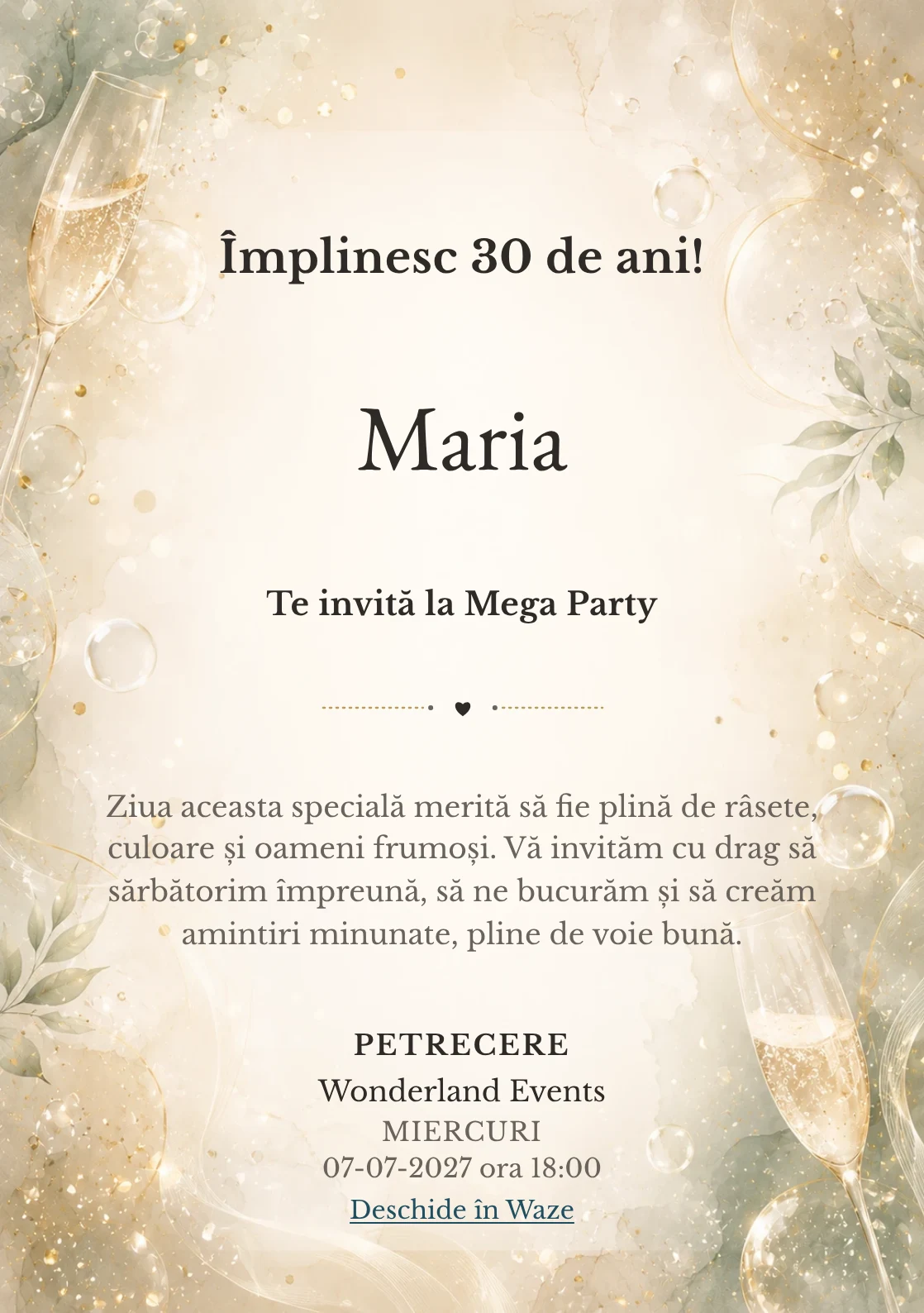 Modelul Champagne Mood, invitație de zi de naștere pentru adulți, prezintă bule fine, strălucire rafinat și verde salvie pal.