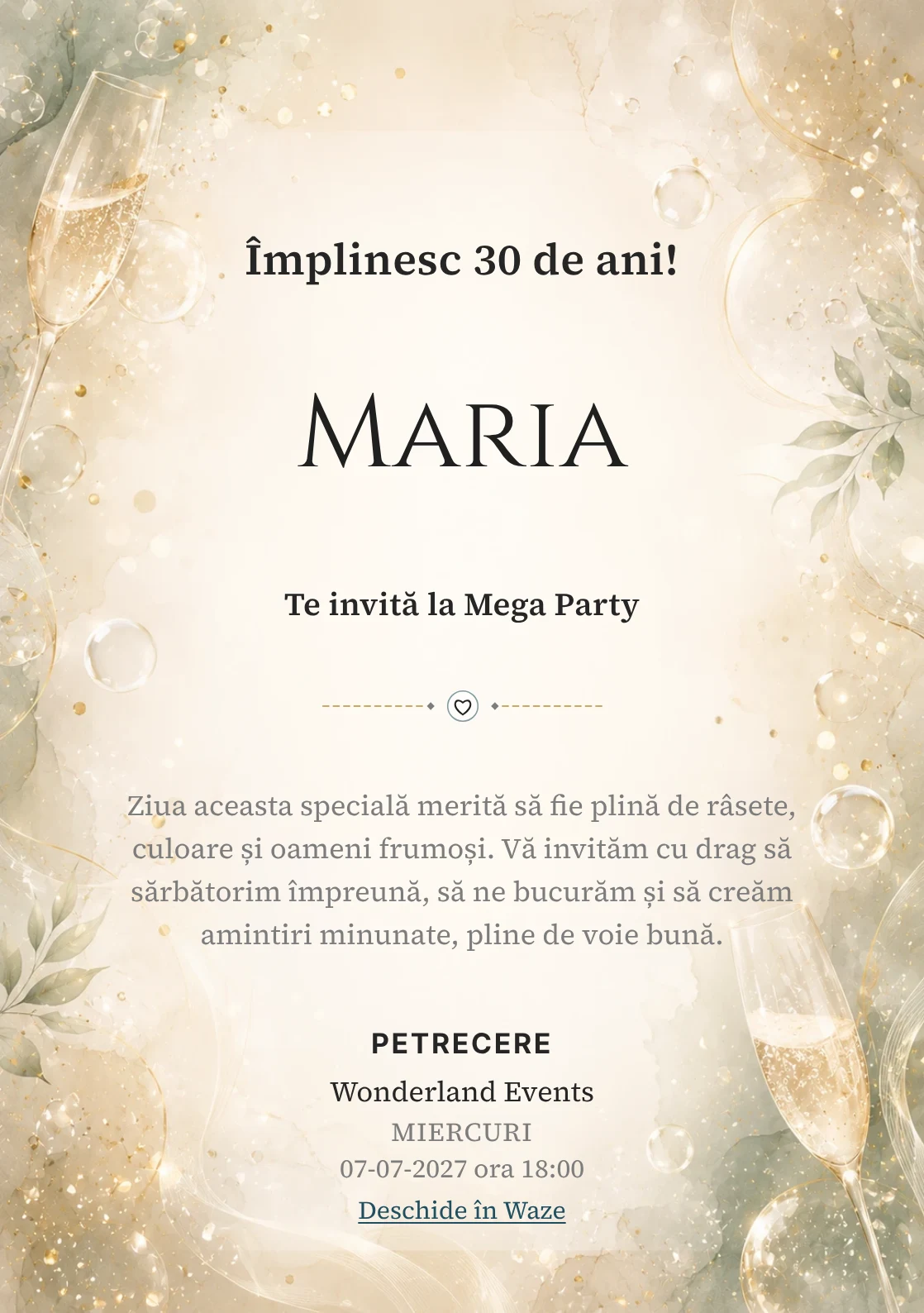 Modelul Champagne Mood, invitație de zi de naștere pentru adulți, prezintă bule fine, strălucire rafinat și verde salvie pal.