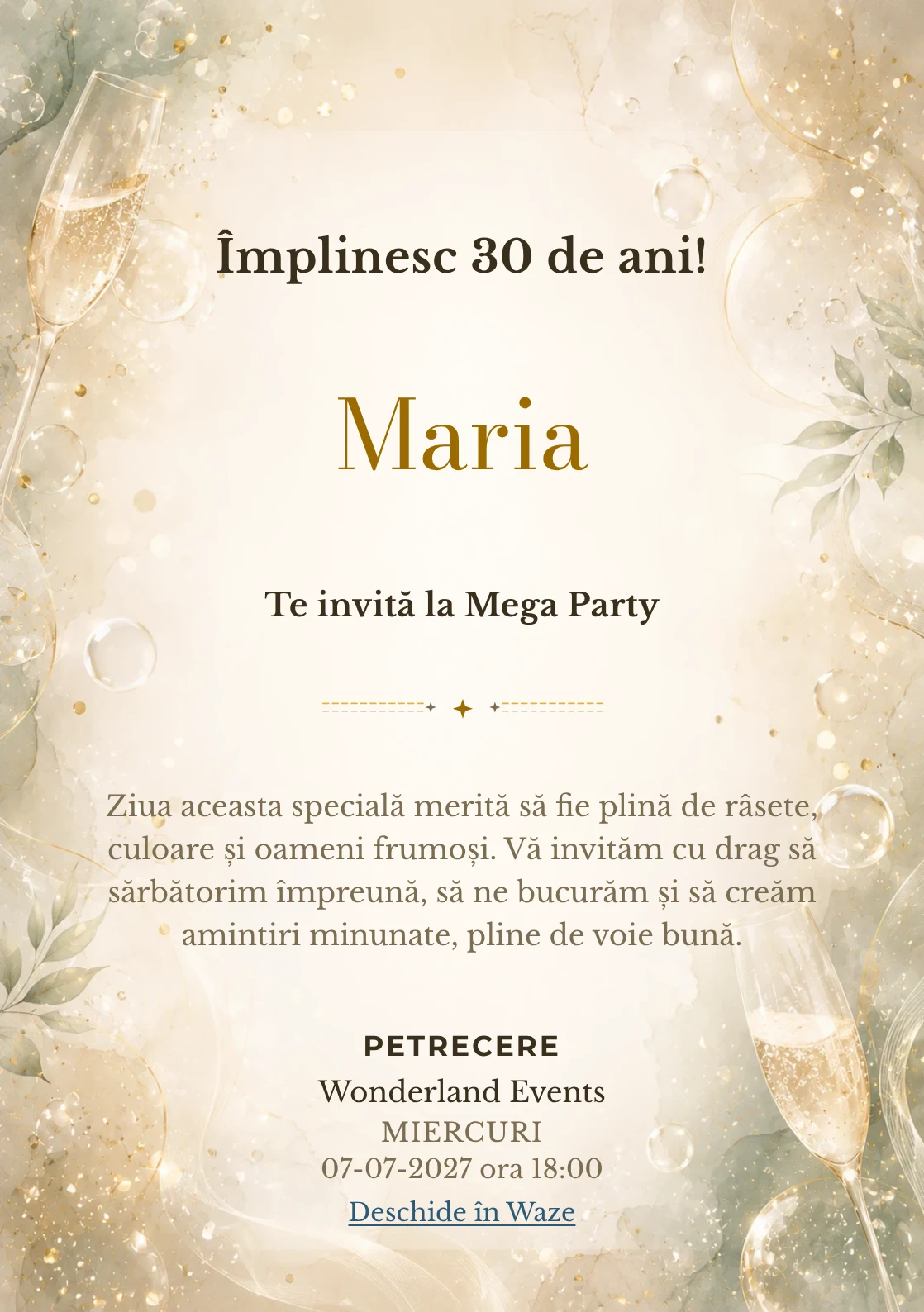 Modelul Champagne Mood, invitație de zi de naștere pentru adulți, prezintă bule fine, strălucire rafinat și verde salvie pal.